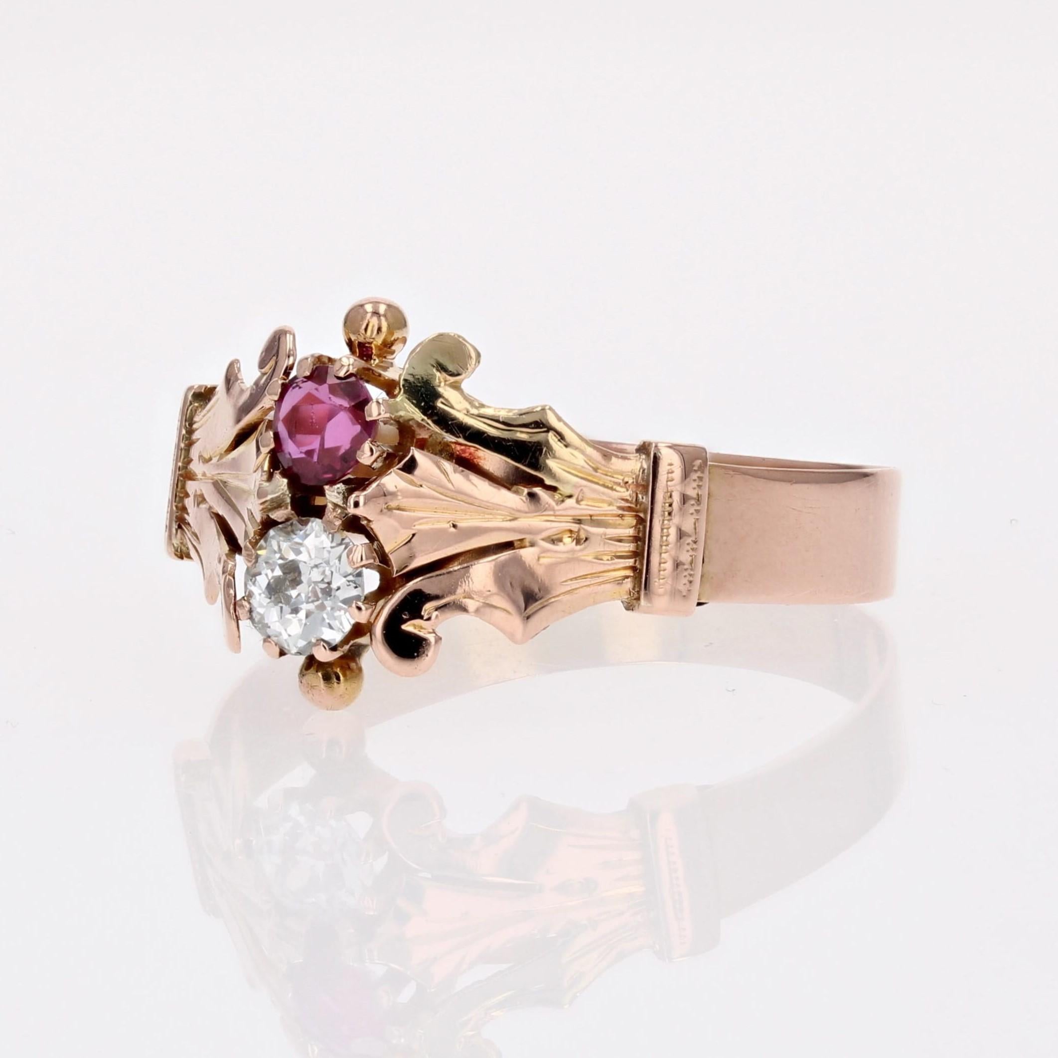 French 19th Century Ruby Diamond 18 Karat Rose Gold You and Me Ring For Sale 2
