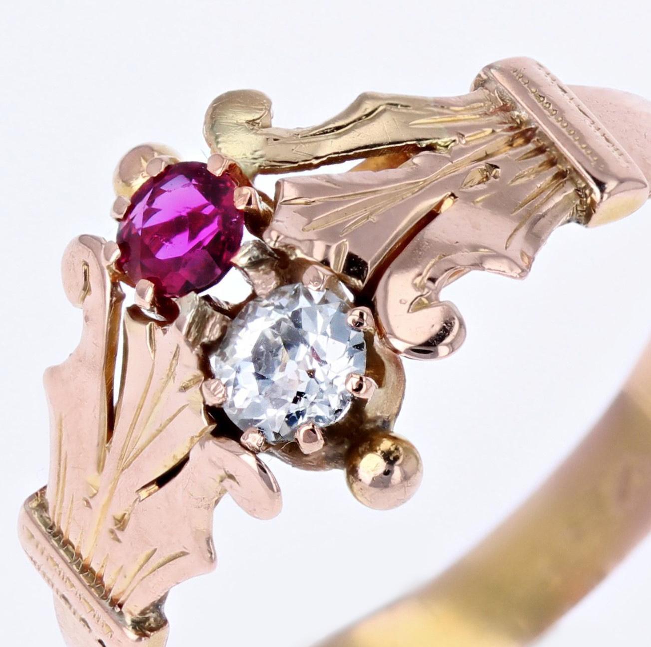 French 19th Century Ruby Diamond 18 Karat Rose Gold You and Me Ring For Sale 3