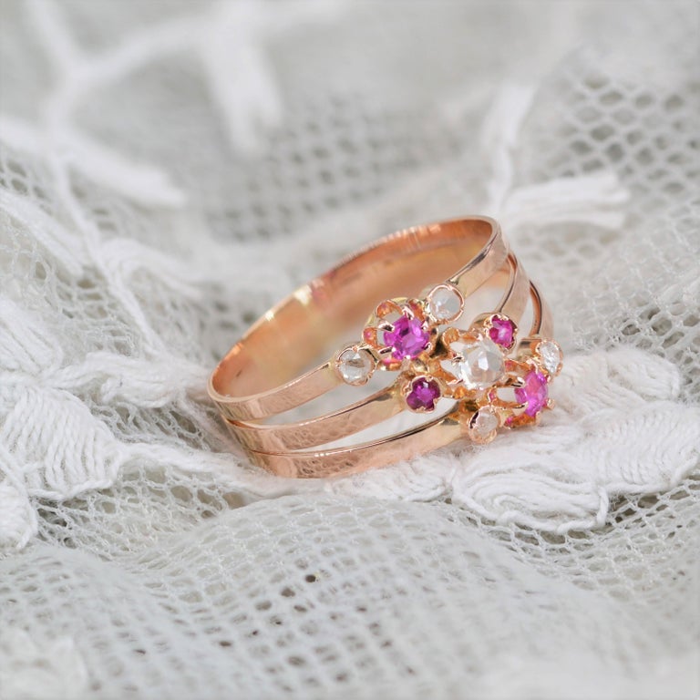 French 19th Century Ruby Diamonds 18 Karat Rose Gold 3 Rings Ring For ...