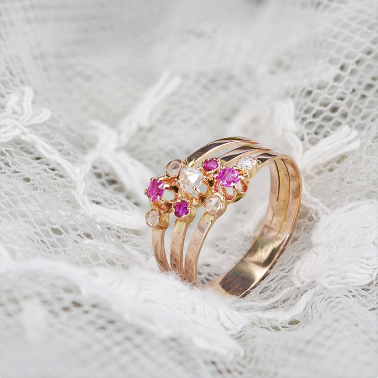 French 19th Century Ruby Diamonds 18 Karat Rose Gold 3 Rings Ring For ...