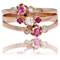 French 19th Century Ruby Diamonds 18 Karat Rose Gold 3 Rings Ring
