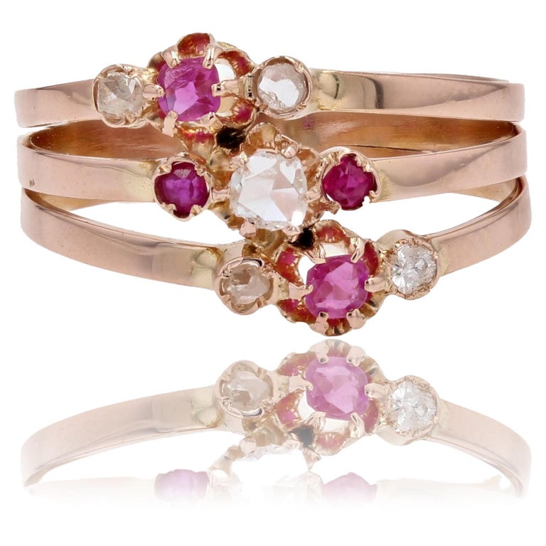 French 19th Century Ruby Diamonds 18 Karat Rose Gold 3 Rings Ring For ...
