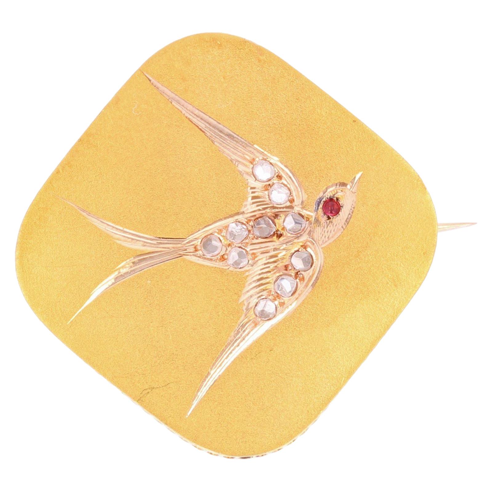 French 19th Century Ruby Diamonds 18 Karat Rose Gold Swallow Brooch