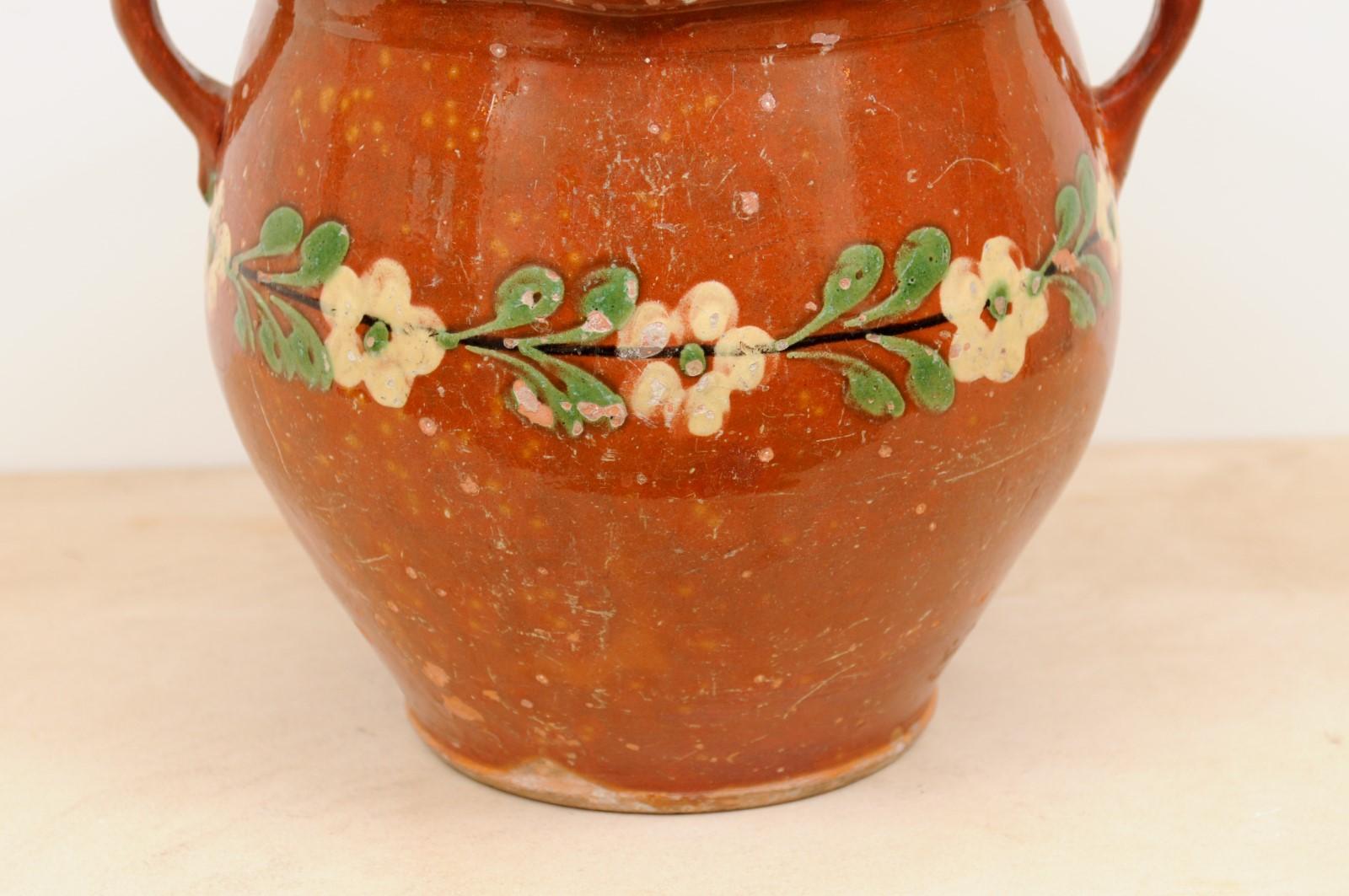 19th Century Rust and Green Glazed Pottery Jug with Floral Decor