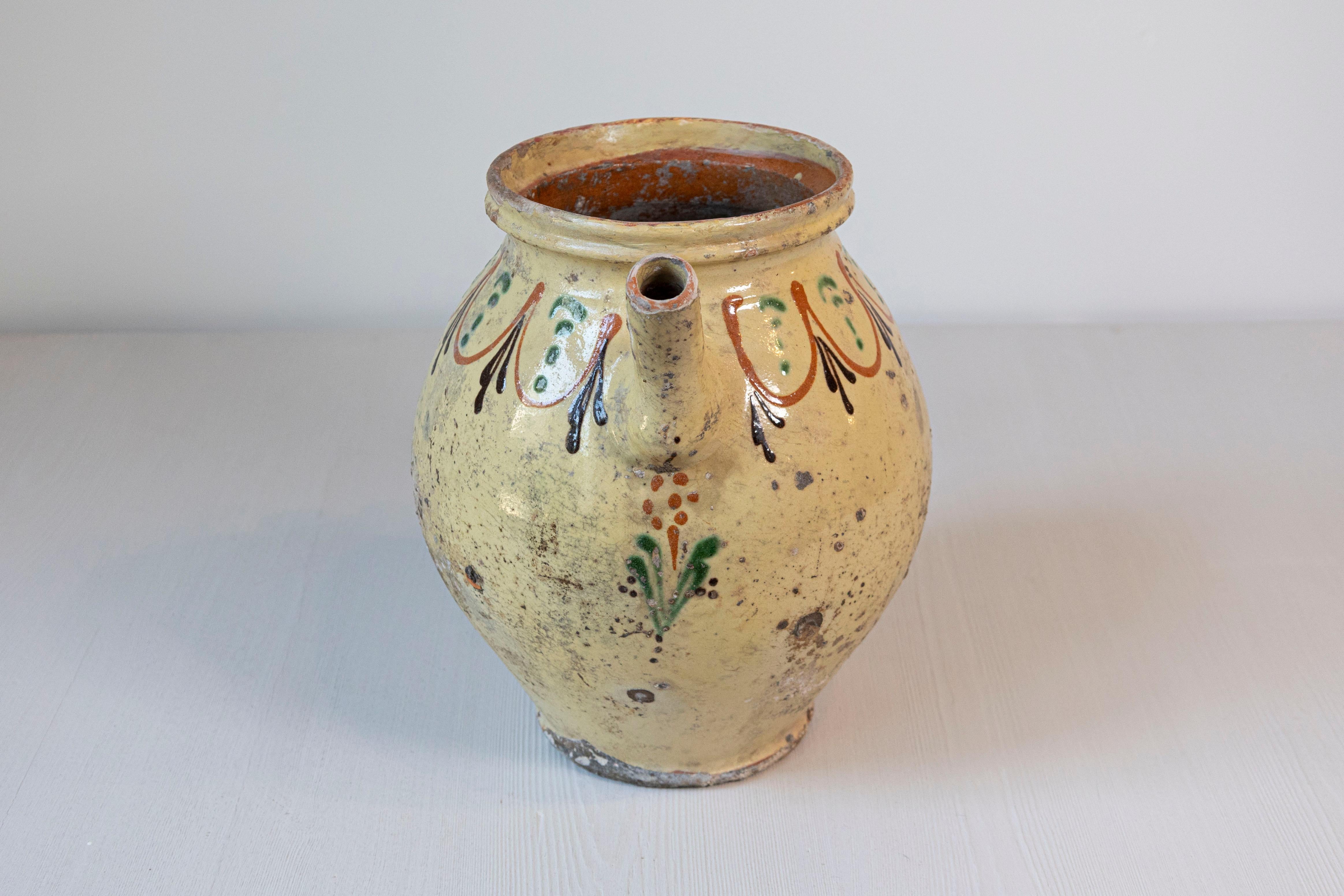 Rustique Pot à huile d'olivier émaillé rustique du 19ème siècle avec motifs polychromes en vente