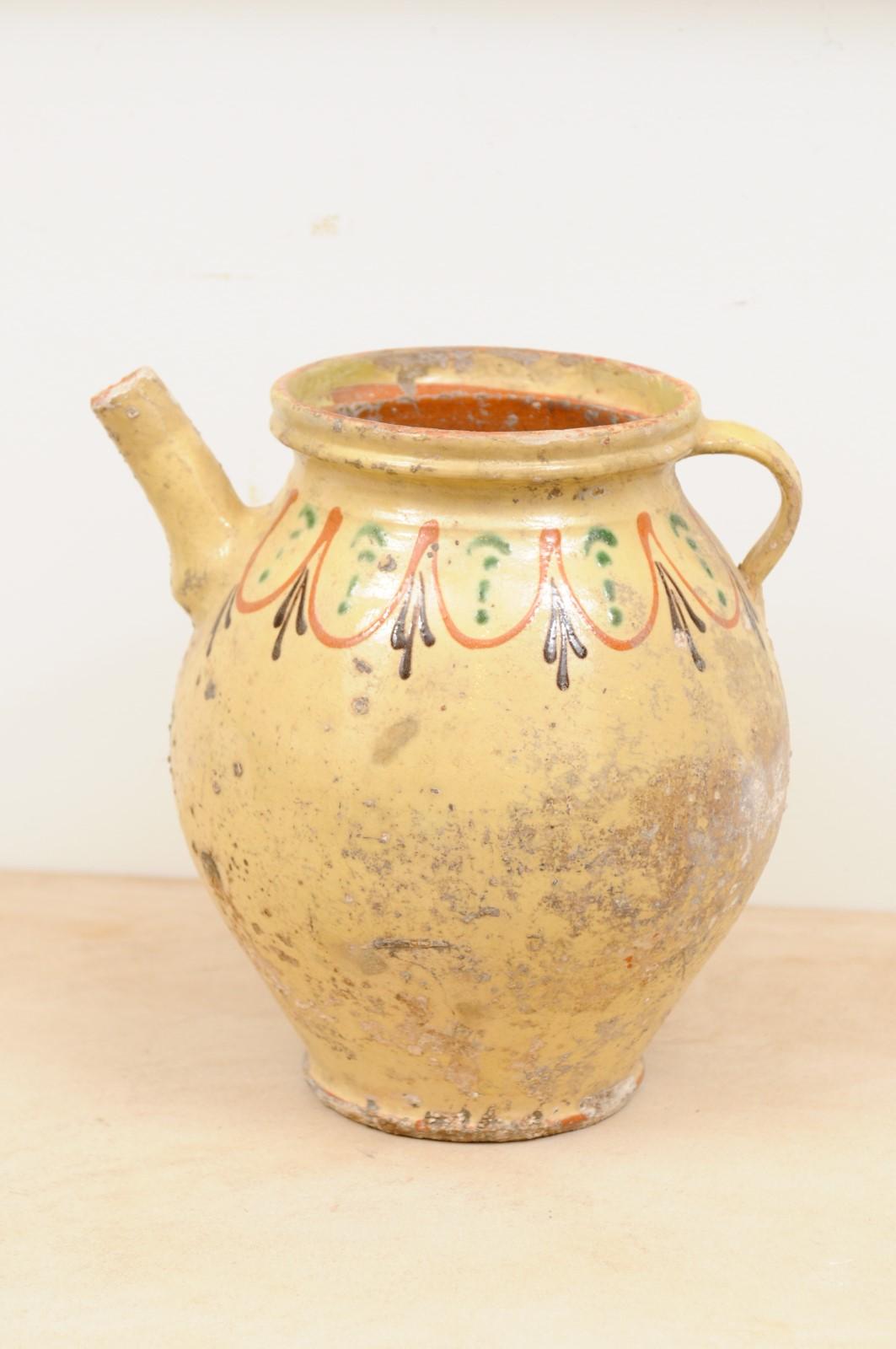 XIXe siècle Pot à huile d'olivier en poterie émaillée rustique du 19ème siècle avec motifs polychromes en vente
