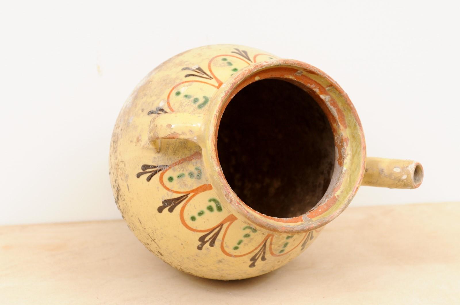 French 19th Century Rustic Glazed Pottery Olive Oil Pot with Polychrome Motifs For Sale 6