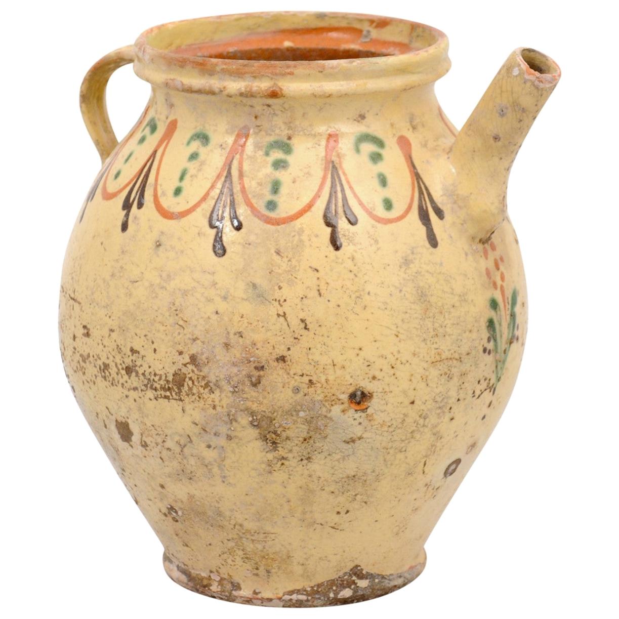 Pot à huile d'olivier en poterie émaillée rustique du 19ème siècle avec motifs polychromes