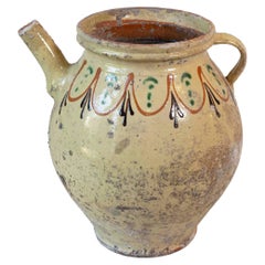 French 19th Century Rustic Glazed Pottery Olive Oil Pot with Polychrome Motifs