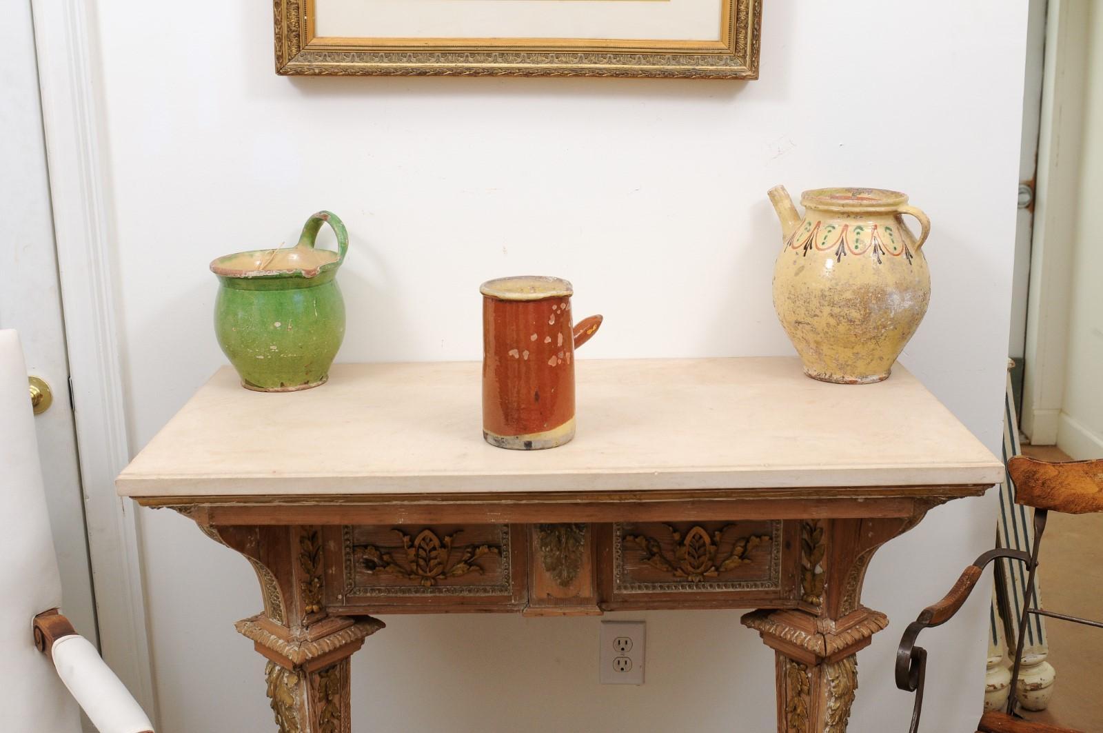 Glazed French 19th Century Rustic Pitcher with Rust Colored Glaze and Straight Handle For Sale