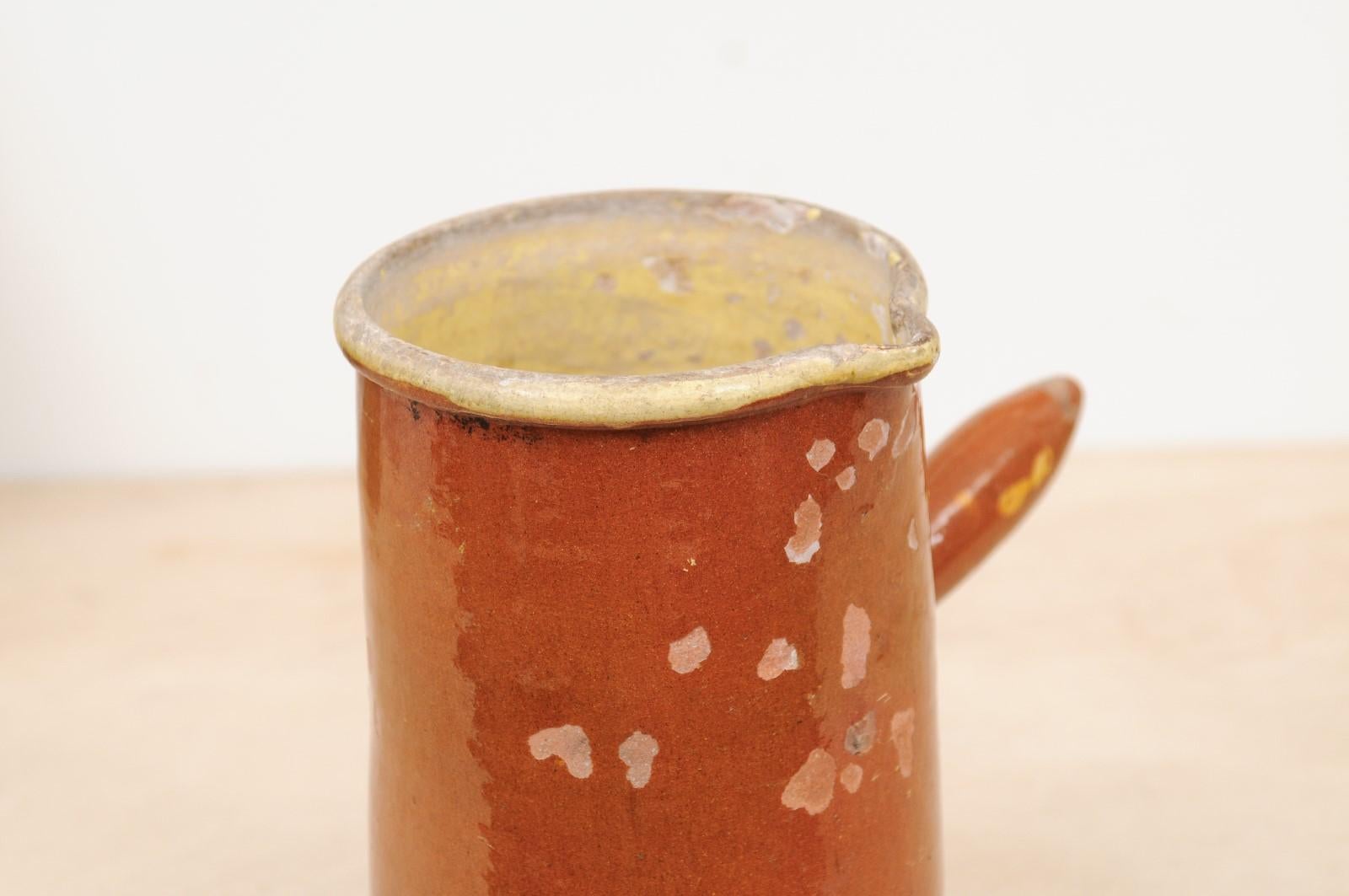 French 19th Century Rustic Pitcher with Rust Colored Glaze and Straight Handle In Good Condition For Sale In Atlanta, GA