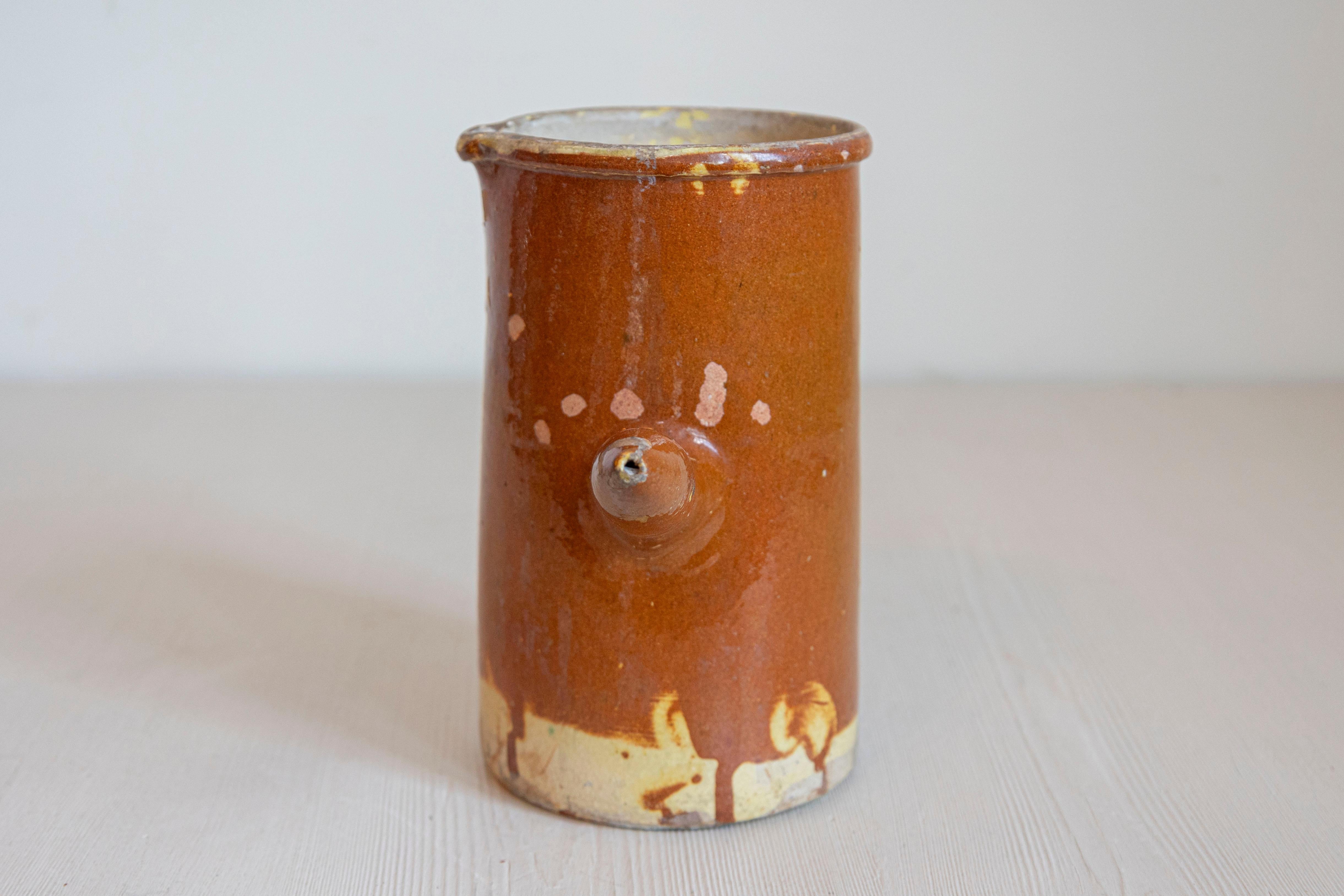 French 19th Century Rustic Pitcher with Rust Colored Glaze and Straight Handle In Good Condition For Sale In Atlanta, GA