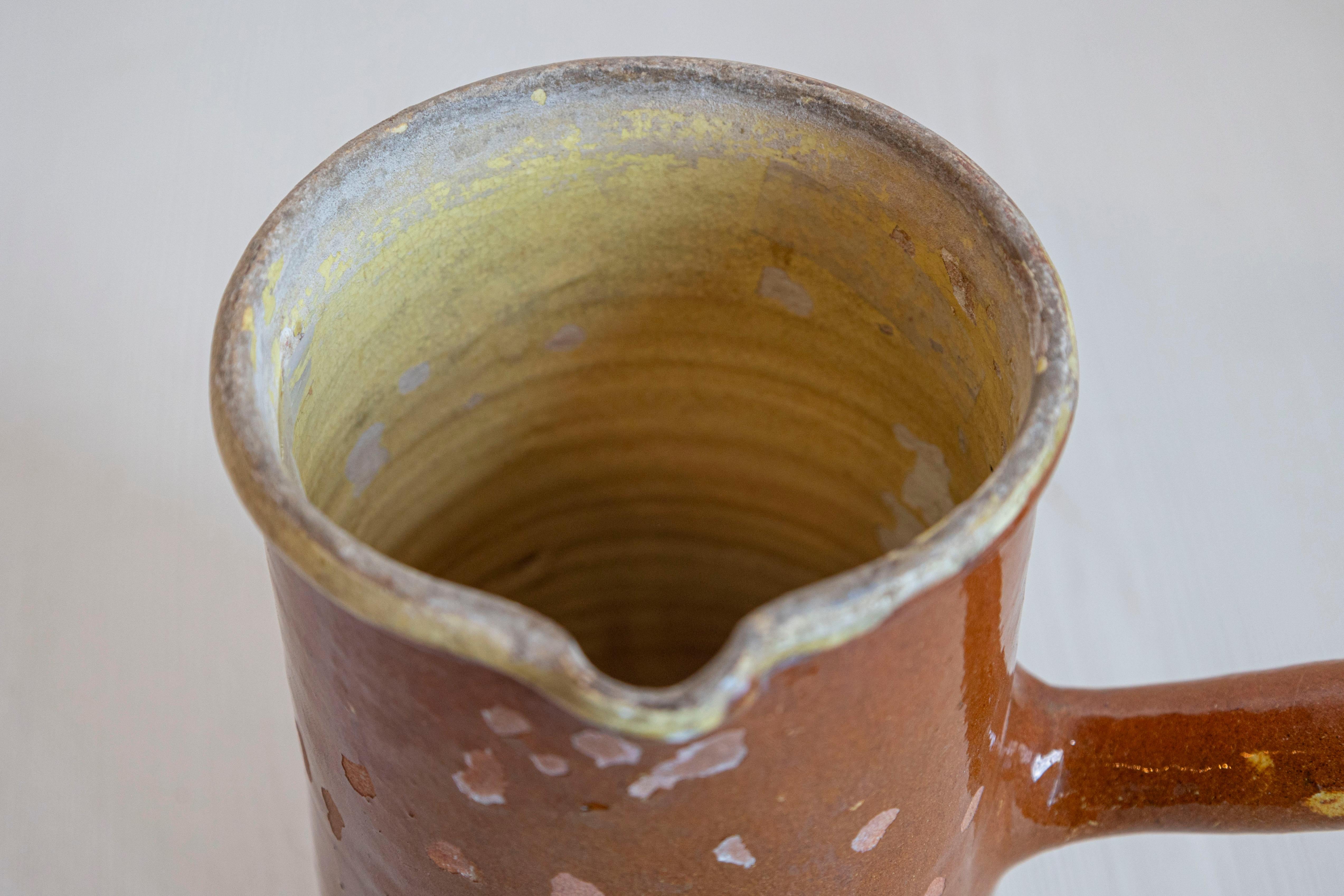 French 19th Century Rustic Pitcher with Rust Colored Glaze and Straight Handle For Sale 2