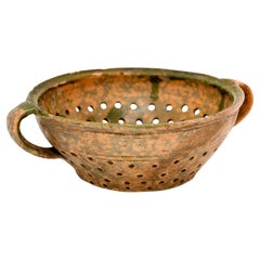 Antique French 19th Century Rustic Pottery Colander Strainer with Green Glaze Touches