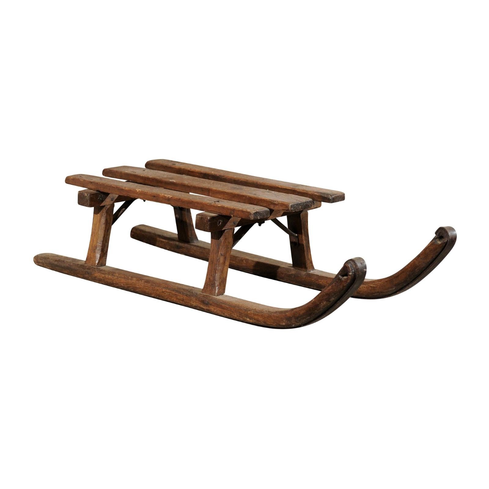 French 19th Century Rustic Small Size Wooden Sled with Weathered Patina