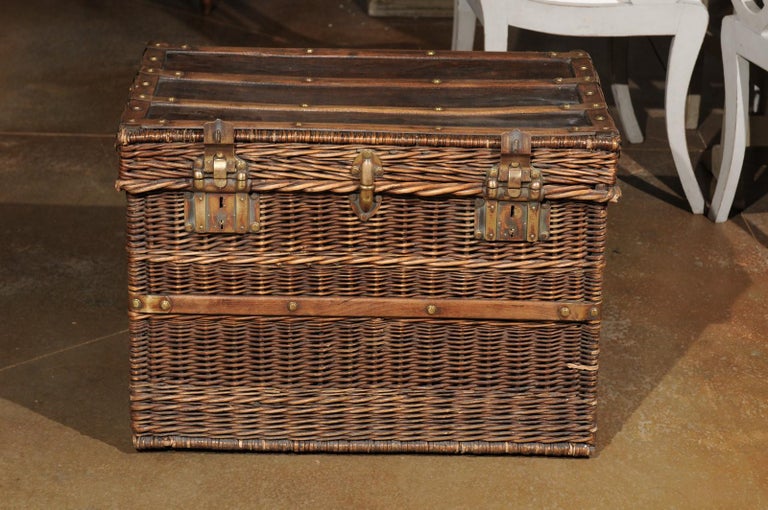 French 19th Century Rustic Wicker Trunk with Brass Hardware and Red