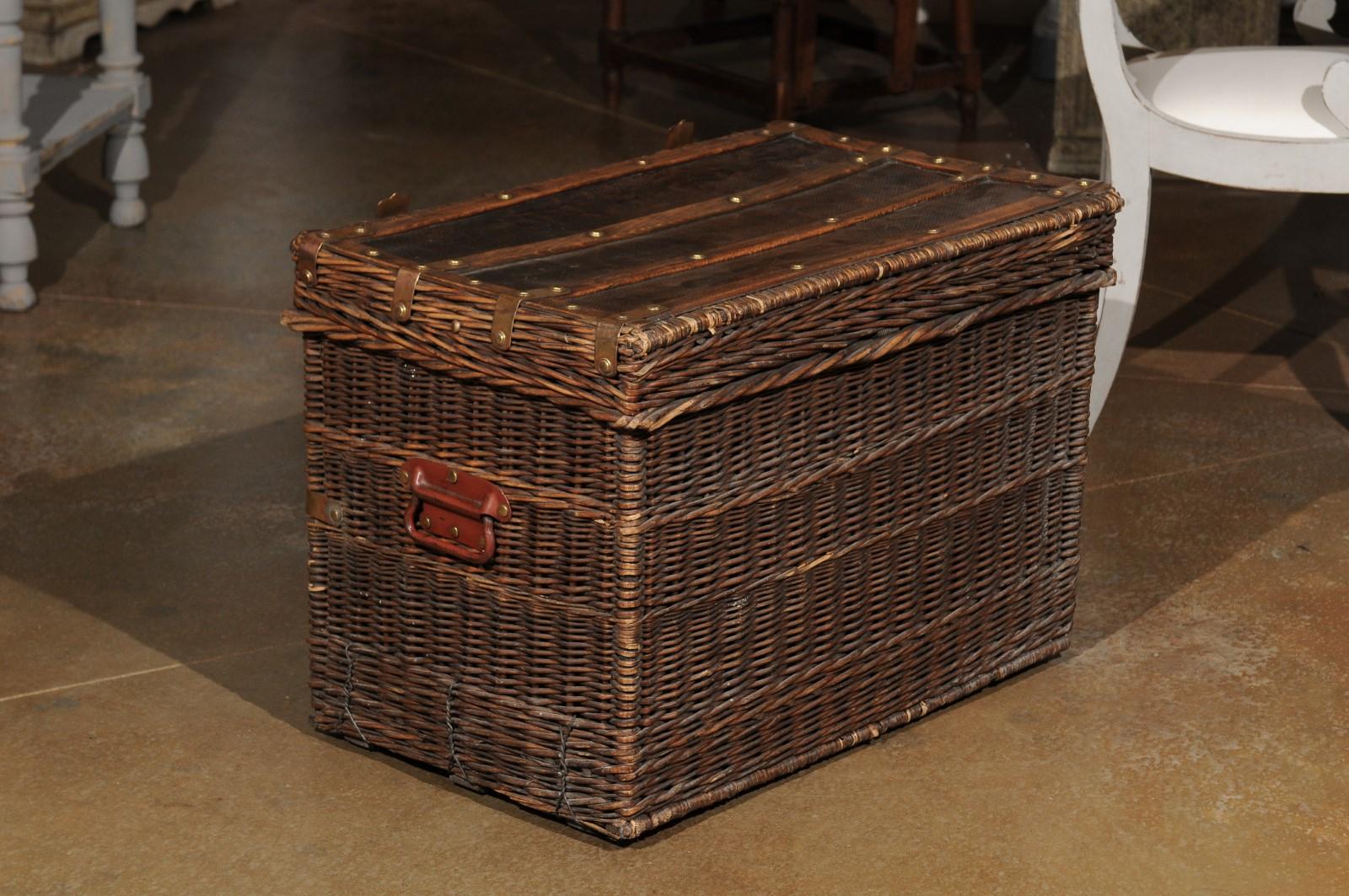 Painted French 19th Century Rustic Wicker Trunk with Brass Hardware and Red Handles