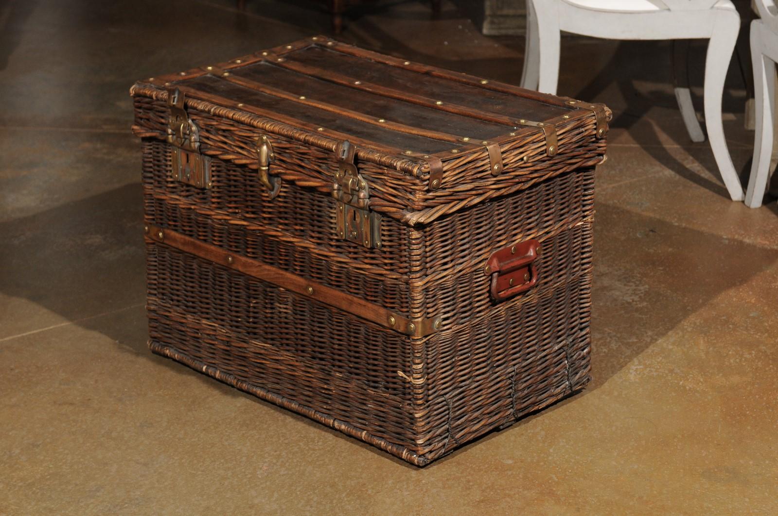 French 19th Century Rustic Wicker Trunk with Brass Hardware and Red Handles 1