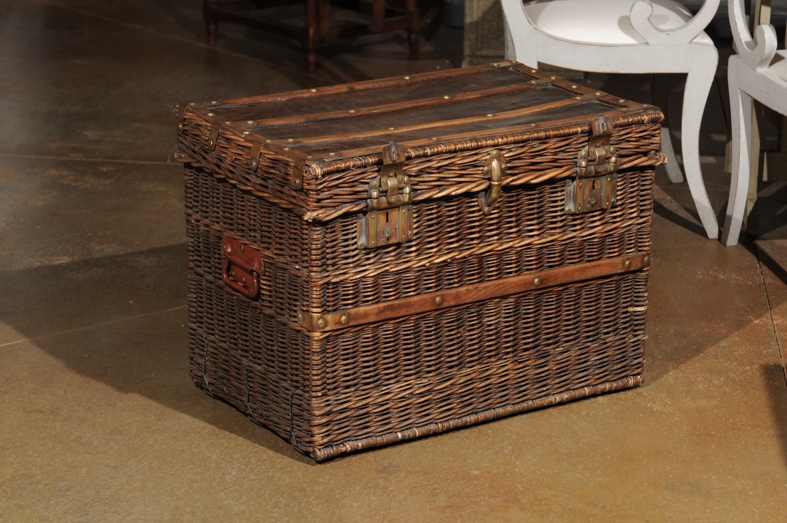 French 19th Century Rustic Wicker Trunk with Brass Hardware and Red Handles 2