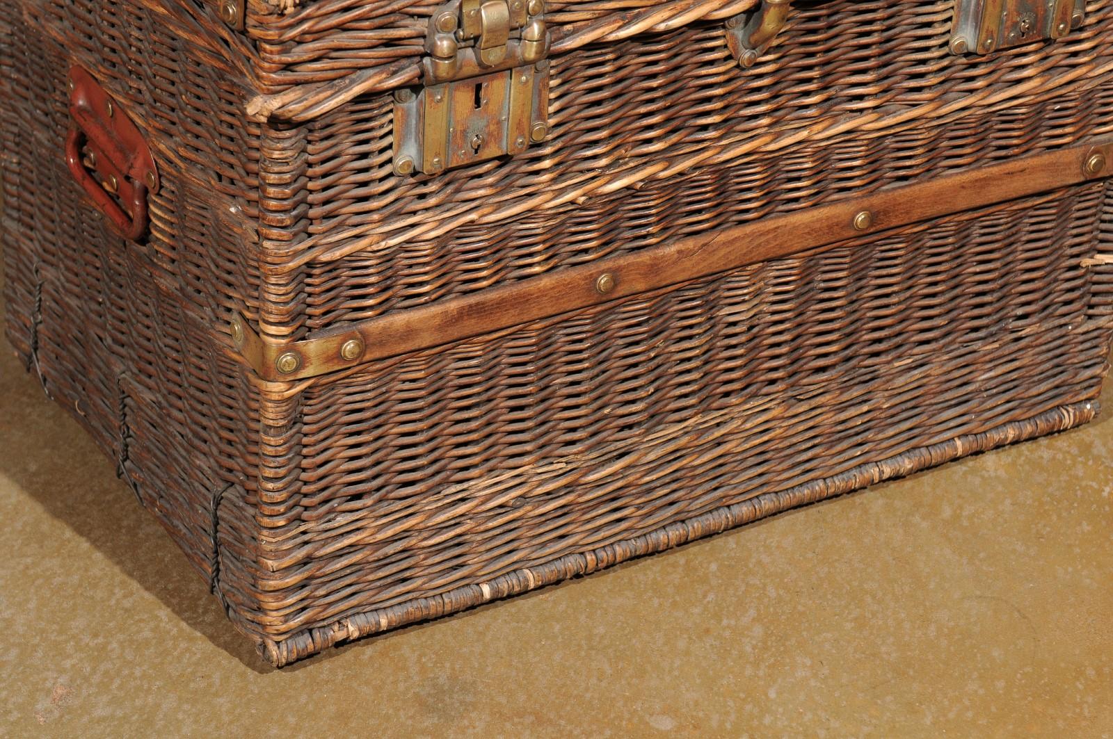 French 19th Century Rustic Wicker Trunk with Brass Hardware and Red Handles 4