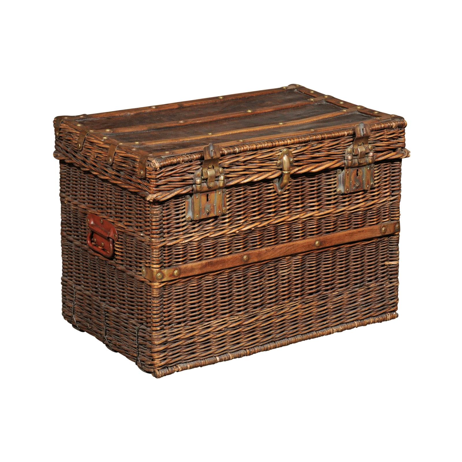 French 19th Century Rustic Wicker Trunk with Brass Hardware and Red Handles