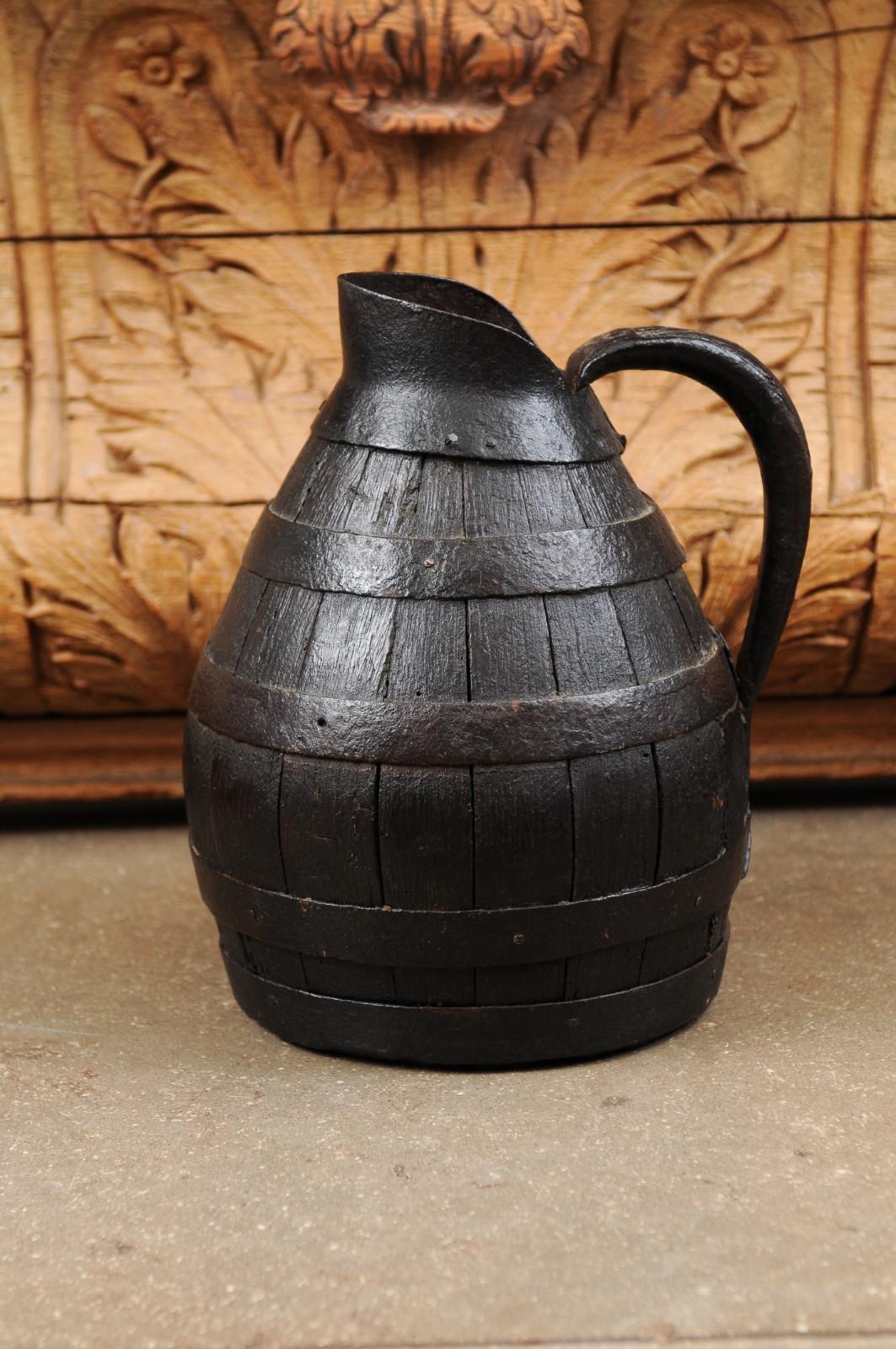 French 19th Century Rustic Wooden Wine Jug with Iron Accents and Dark Patina 6