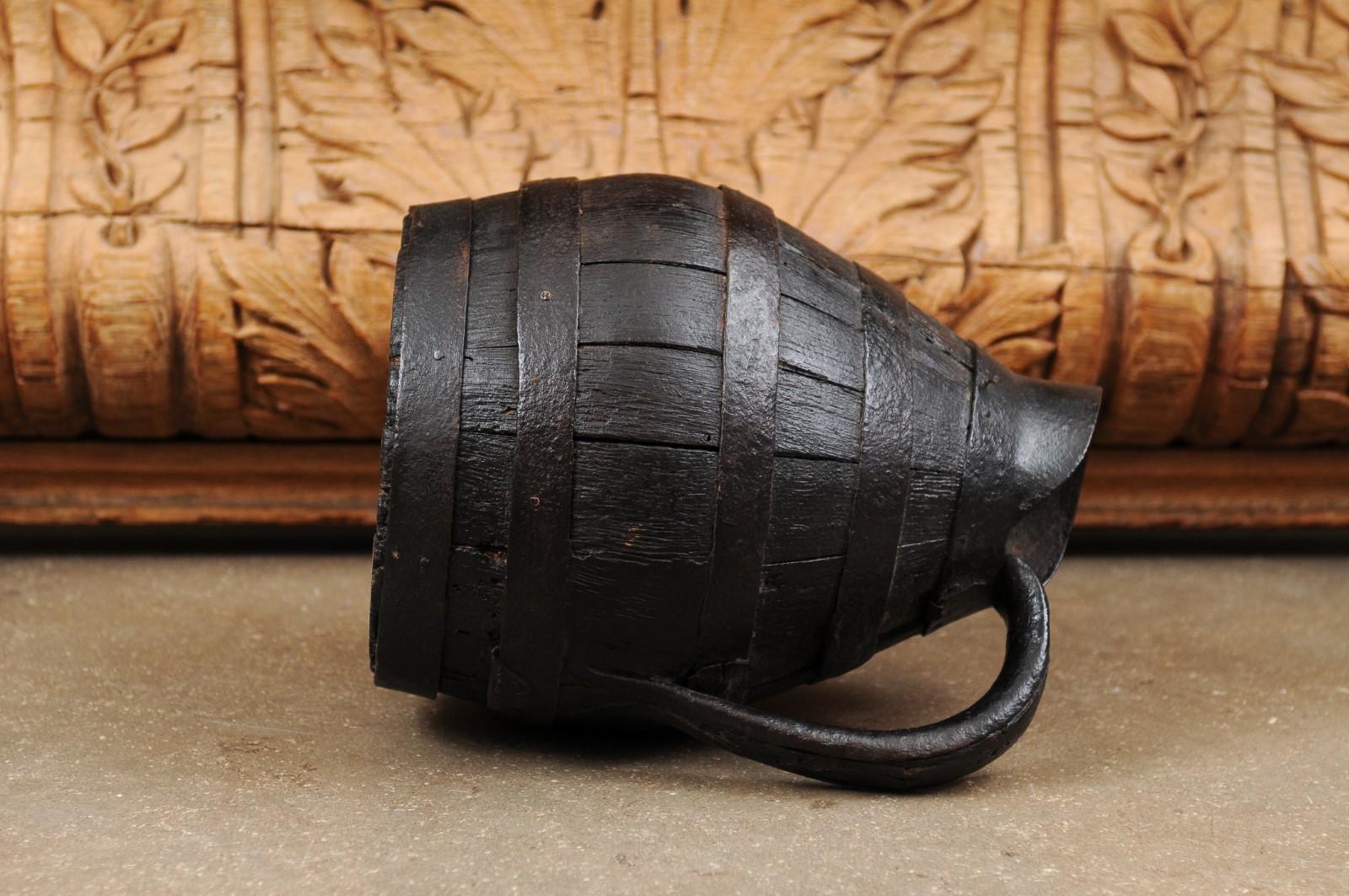 French 19th Century Rustic Wooden Wine Jug with Iron Accents and Dark Patina 9