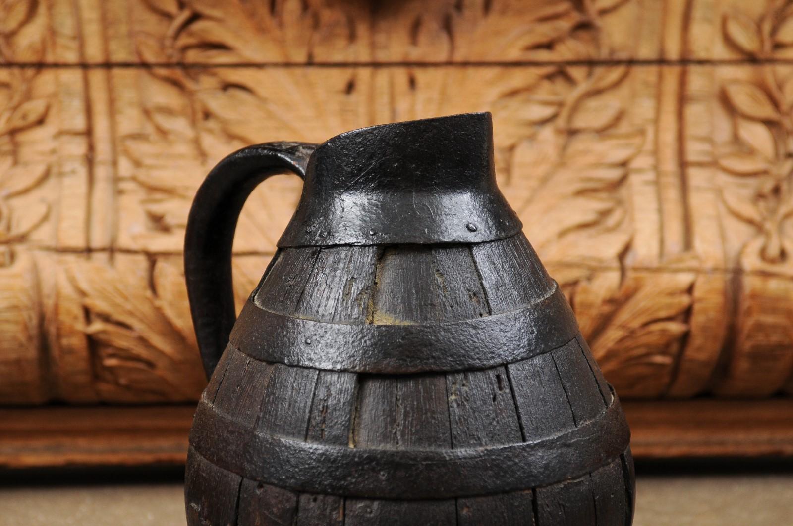 Metal French 19th Century Rustic Wooden Wine Jug with Iron Accents and Dark Patina