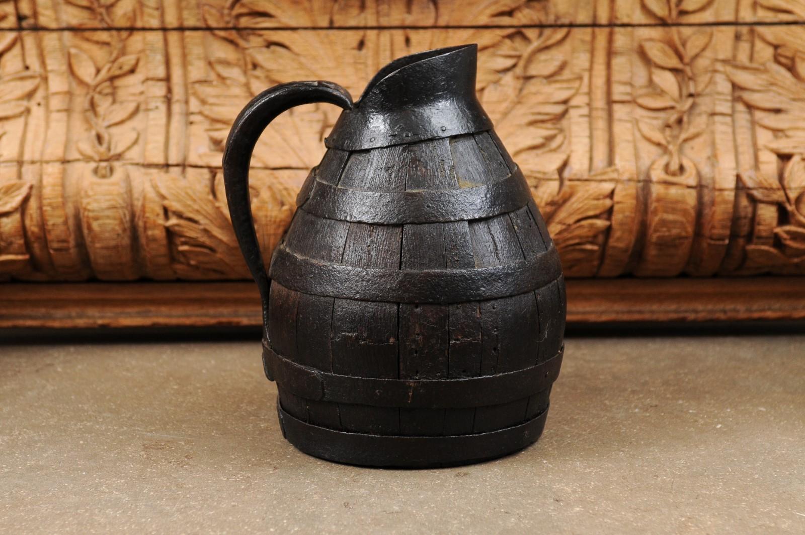 French 19th Century Rustic Wooden Wine Jug with Iron Accents and Dark Patina 2