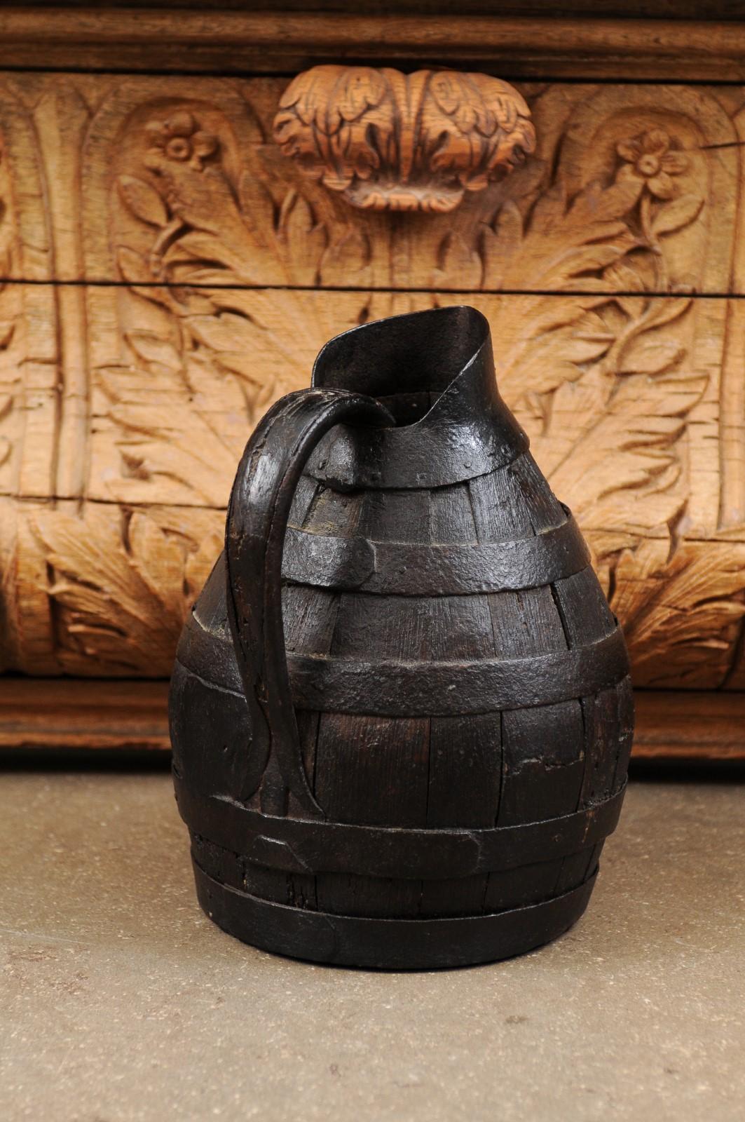 French 19th Century Rustic Wooden Wine Jug with Iron Accents and Dark Patina 3