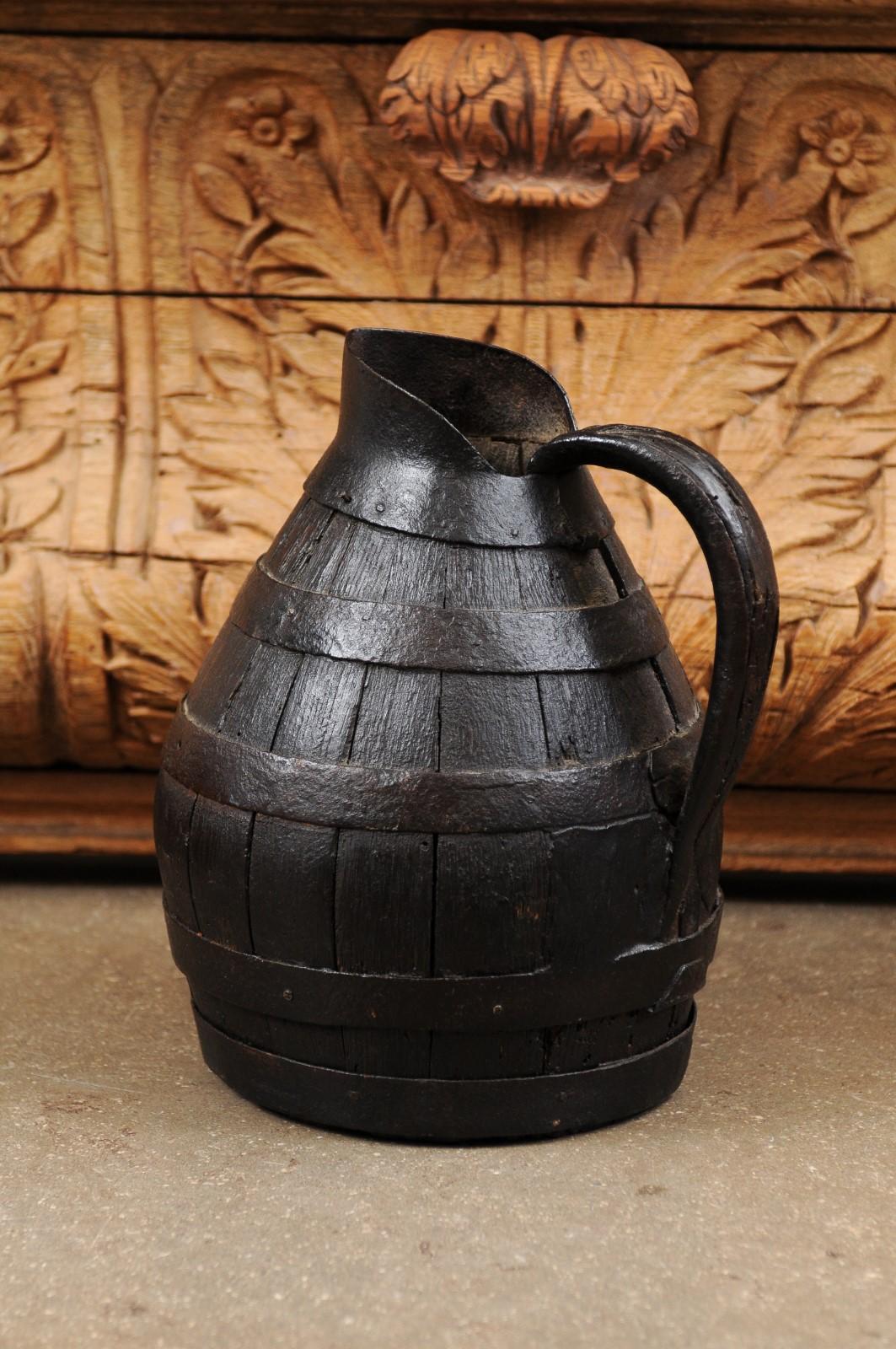 French 19th Century Rustic Wooden Wine Jug with Iron Accents and Dark Patina 5