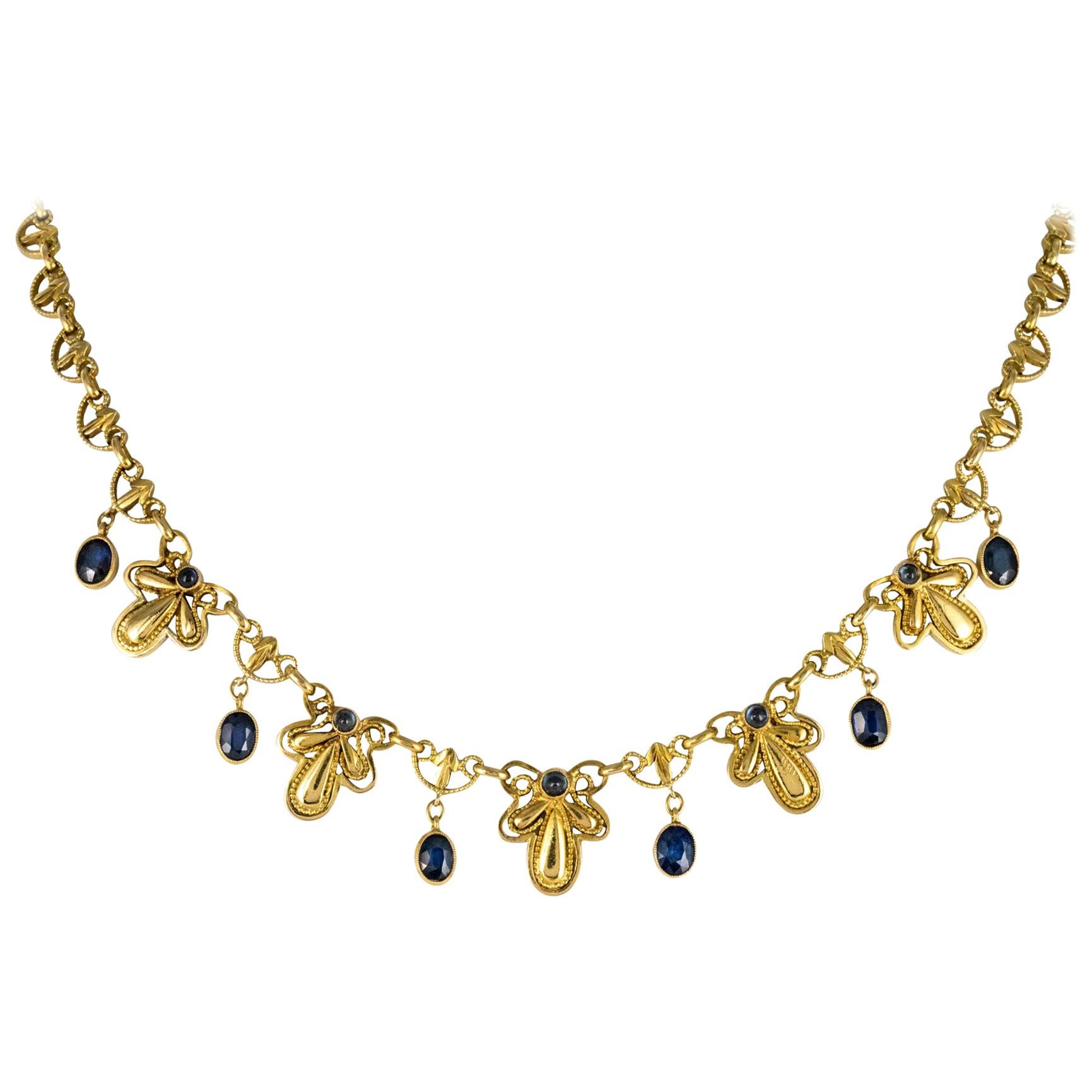 French 19th Century Sapphire 18 Karat Yellow Gold Drapery Necklace