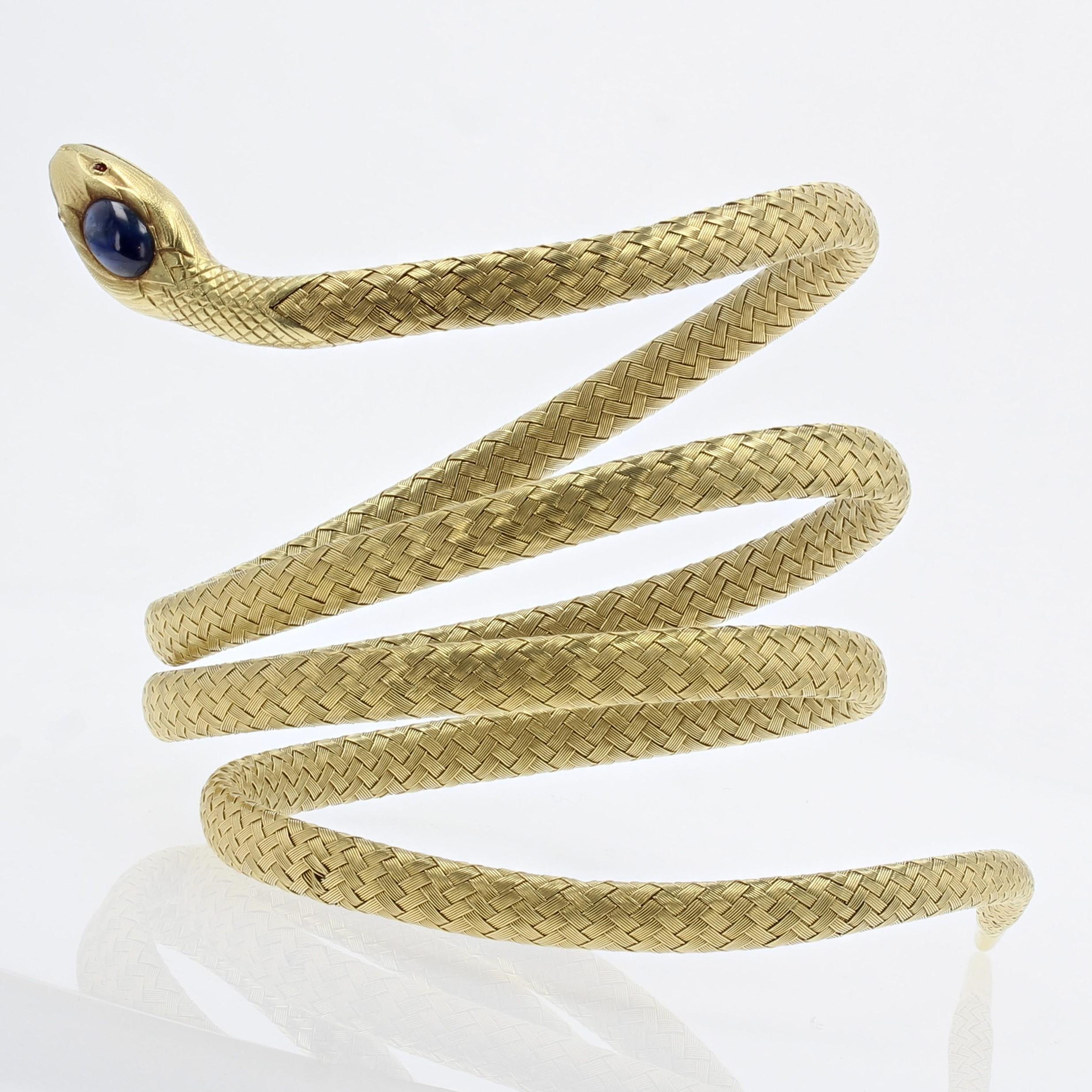 Women's French 19th Century Sapphire Cabochon 18 Karat Yellow Gold Snake Bracelet For Sale
