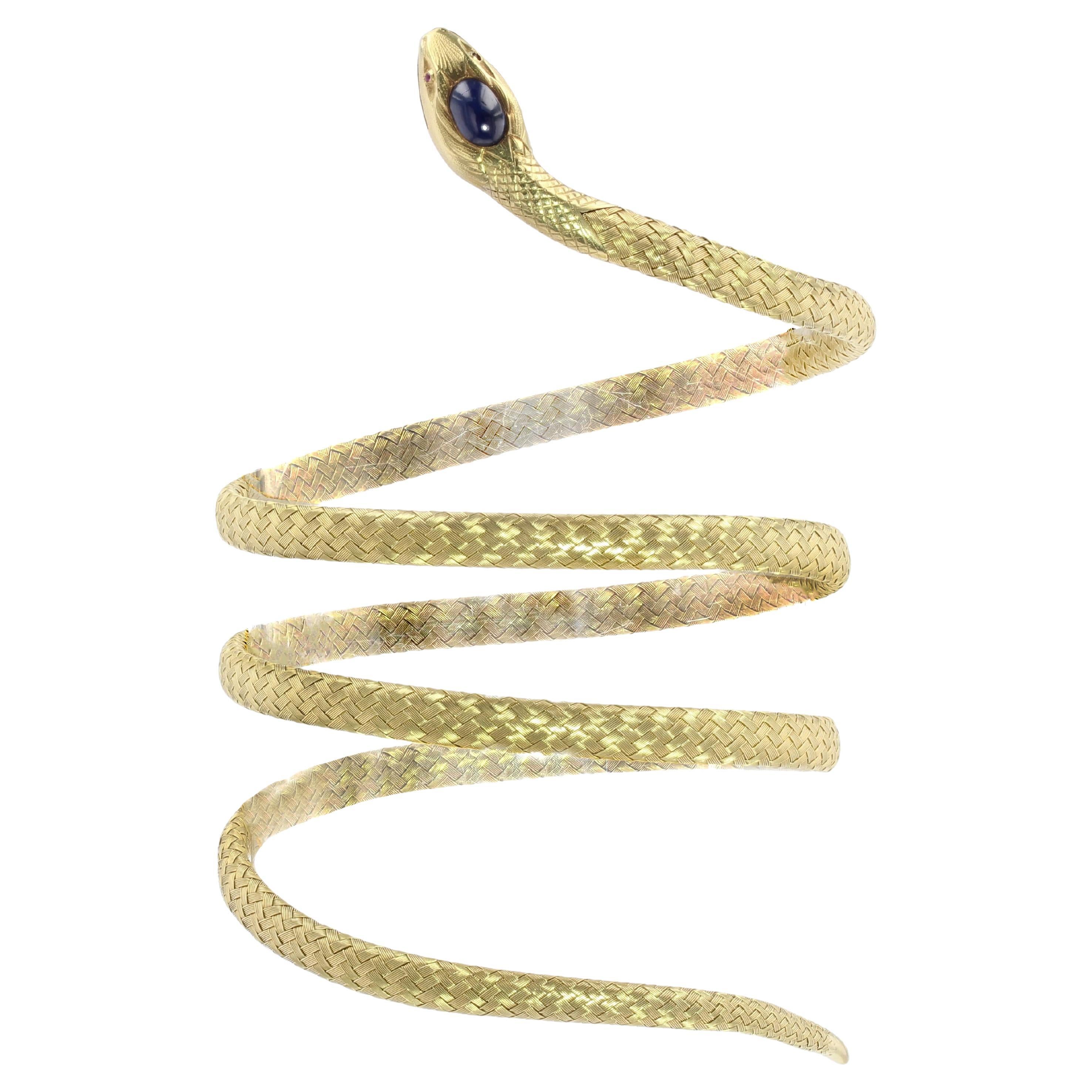French 19th Century Sapphire Cabochon 18 Karat Yellow Gold Snake Bracelet