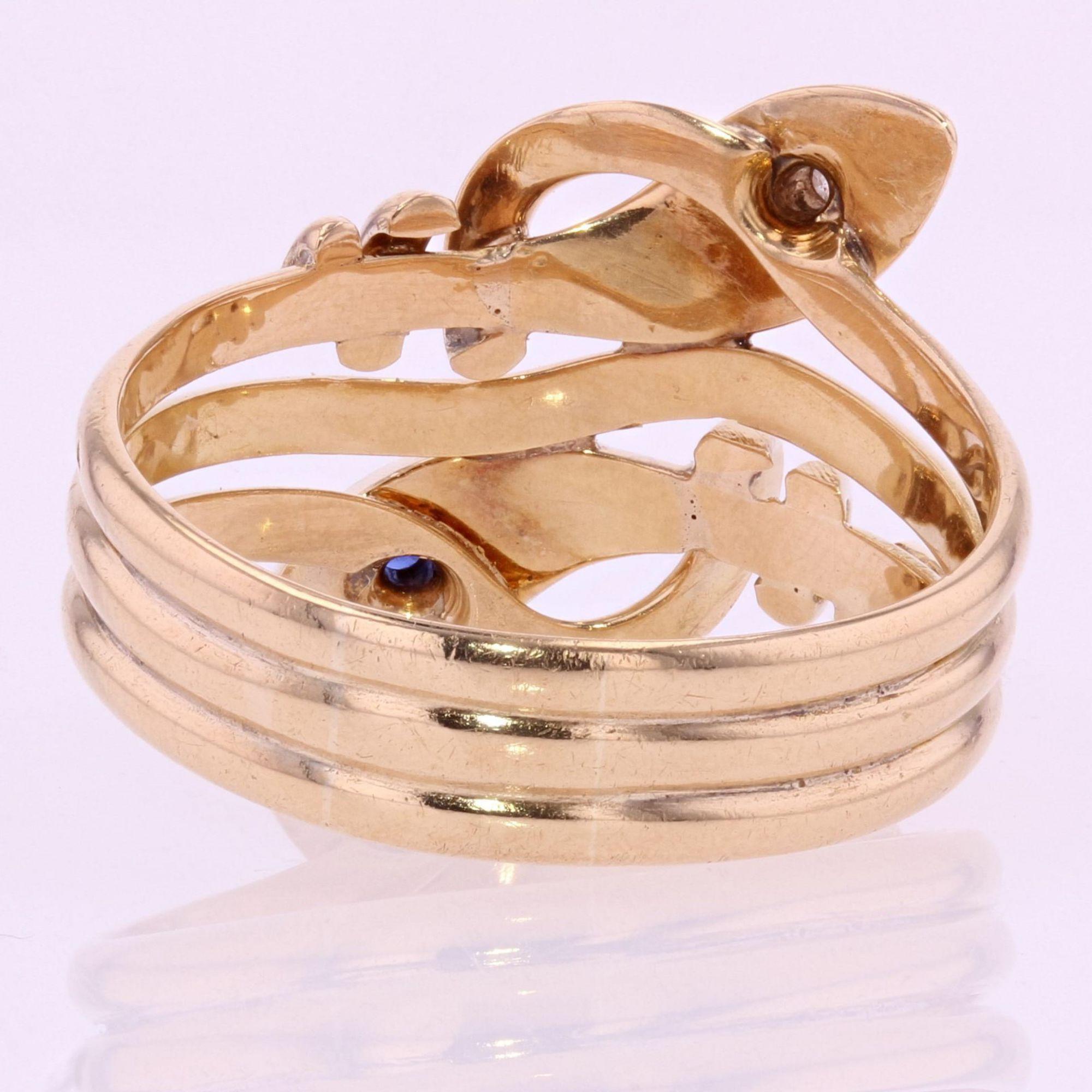 French 19th Century Sapphire Diamond 18 Karat Yellow Gold Snake Men's Ring For Sale 4