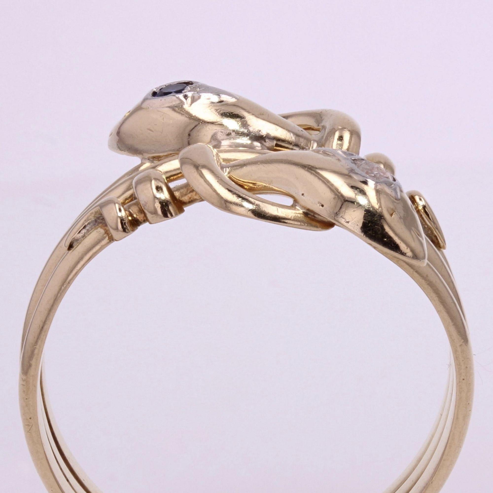 French 19th Century Sapphire Diamond 18 Karat Yellow Gold Snake Men's Ring For Sale 5