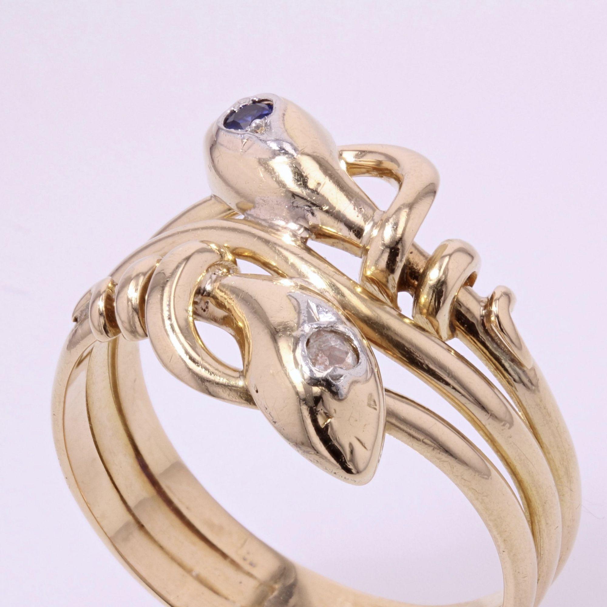 Napoleon III French 19th Century Sapphire Diamond 18 Karat Yellow Gold Snake Men's Ring For Sale