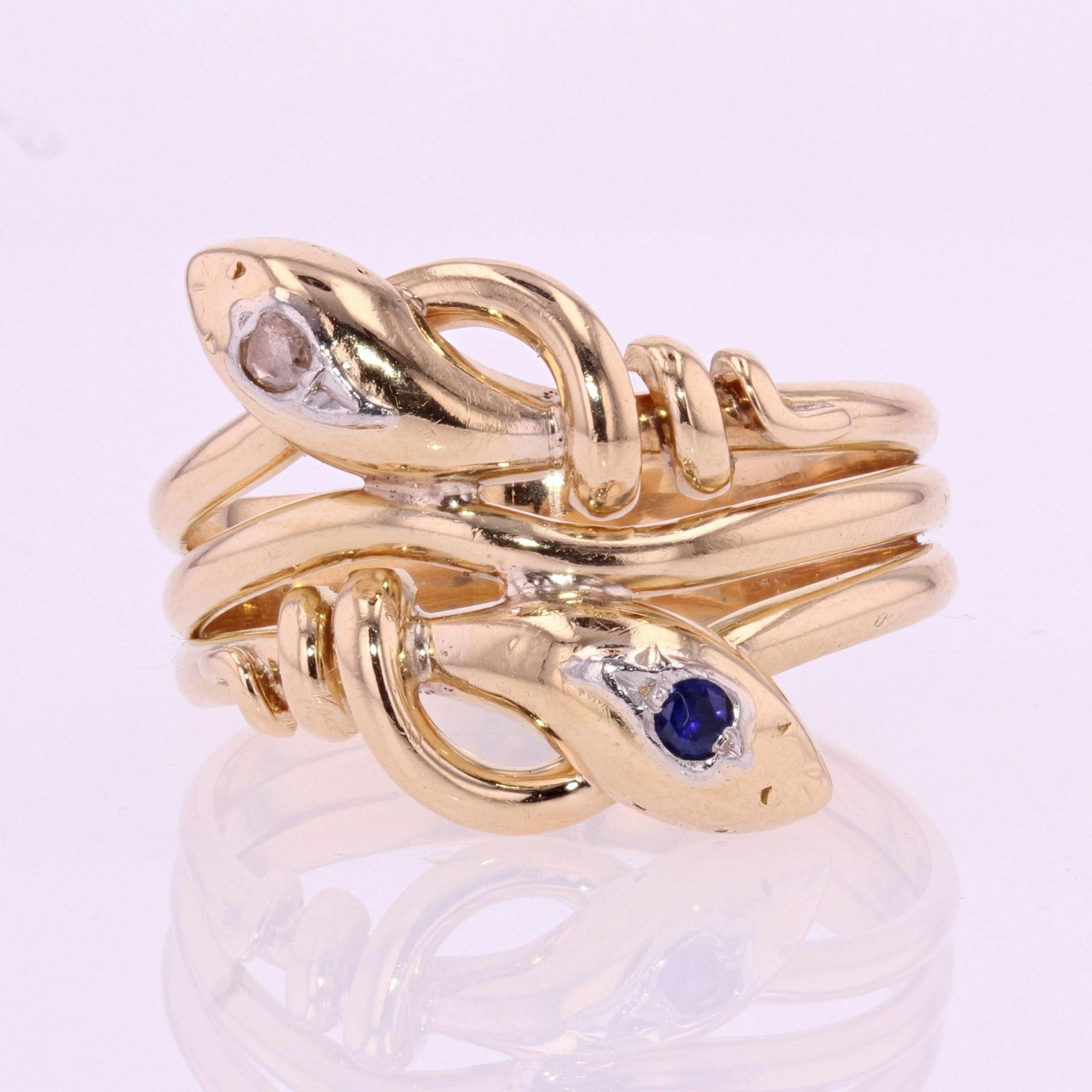 French 19th Century Sapphire Diamond 18 Karat Yellow Gold Snake Men's Ring In Good Condition For Sale In Poitiers, FR