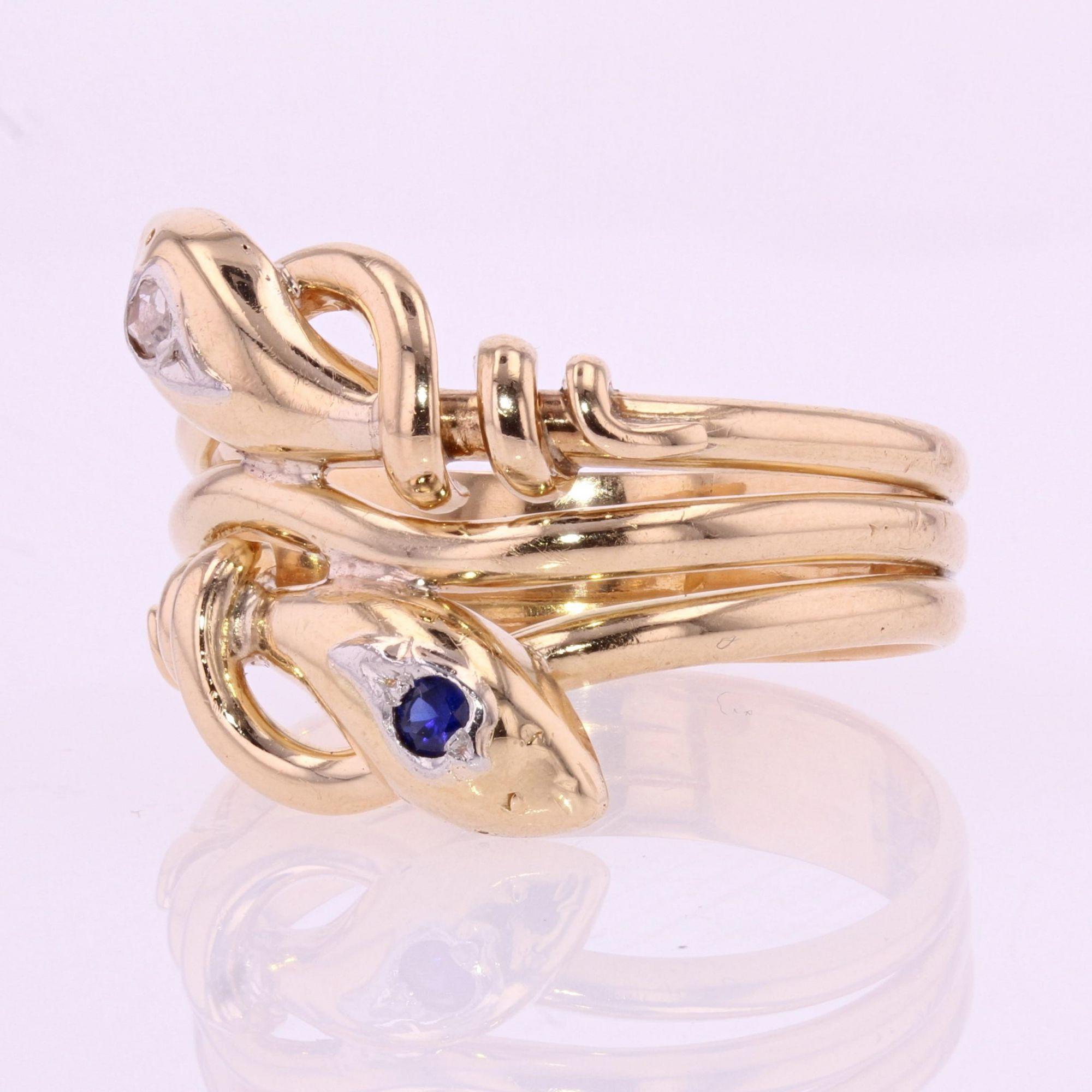 French 19th Century Sapphire Diamond 18 Karat Yellow Gold Snake Men's Ring For Sale 1