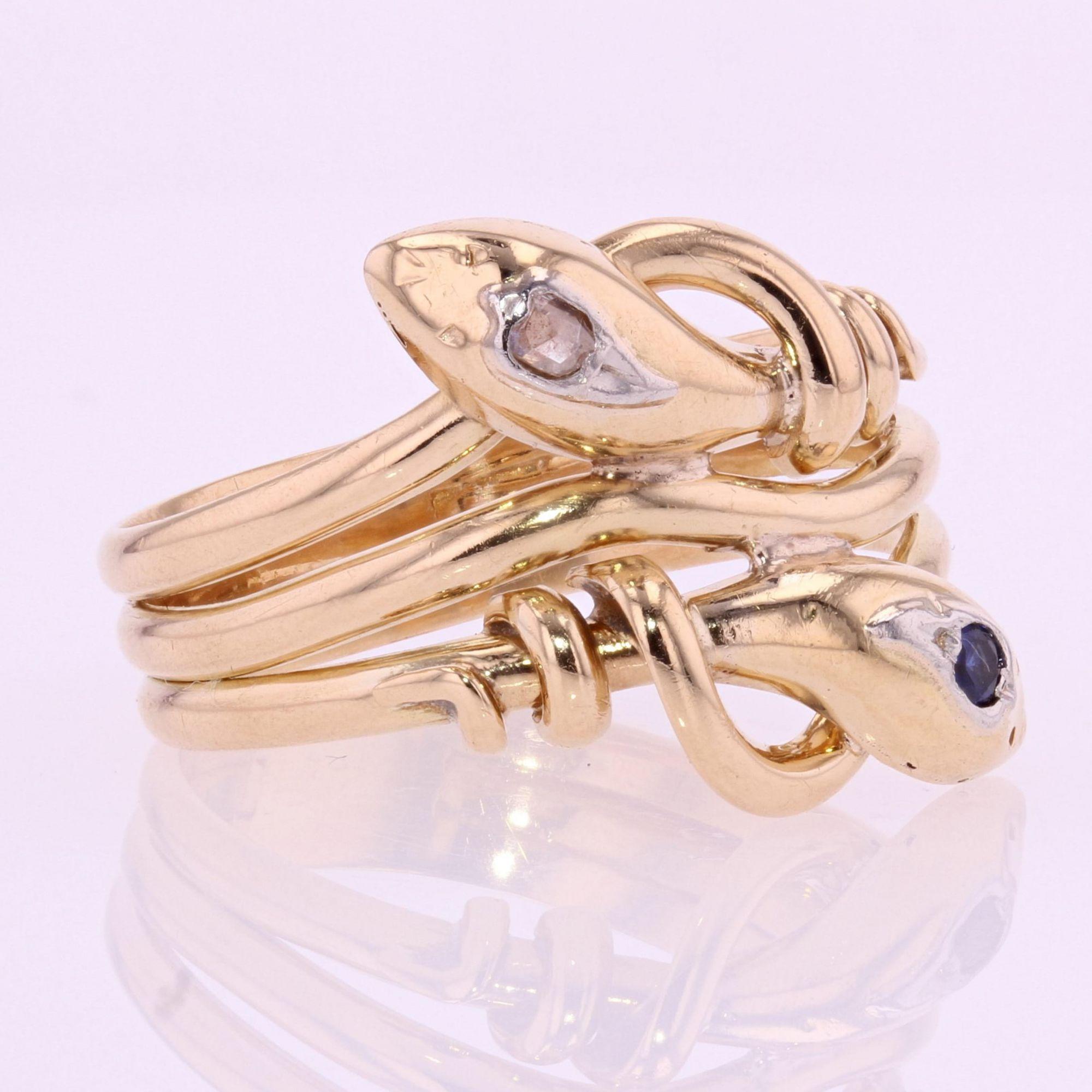 French 19th Century Sapphire Diamond 18 Karat Yellow Gold Snake Men's Ring For Sale 2