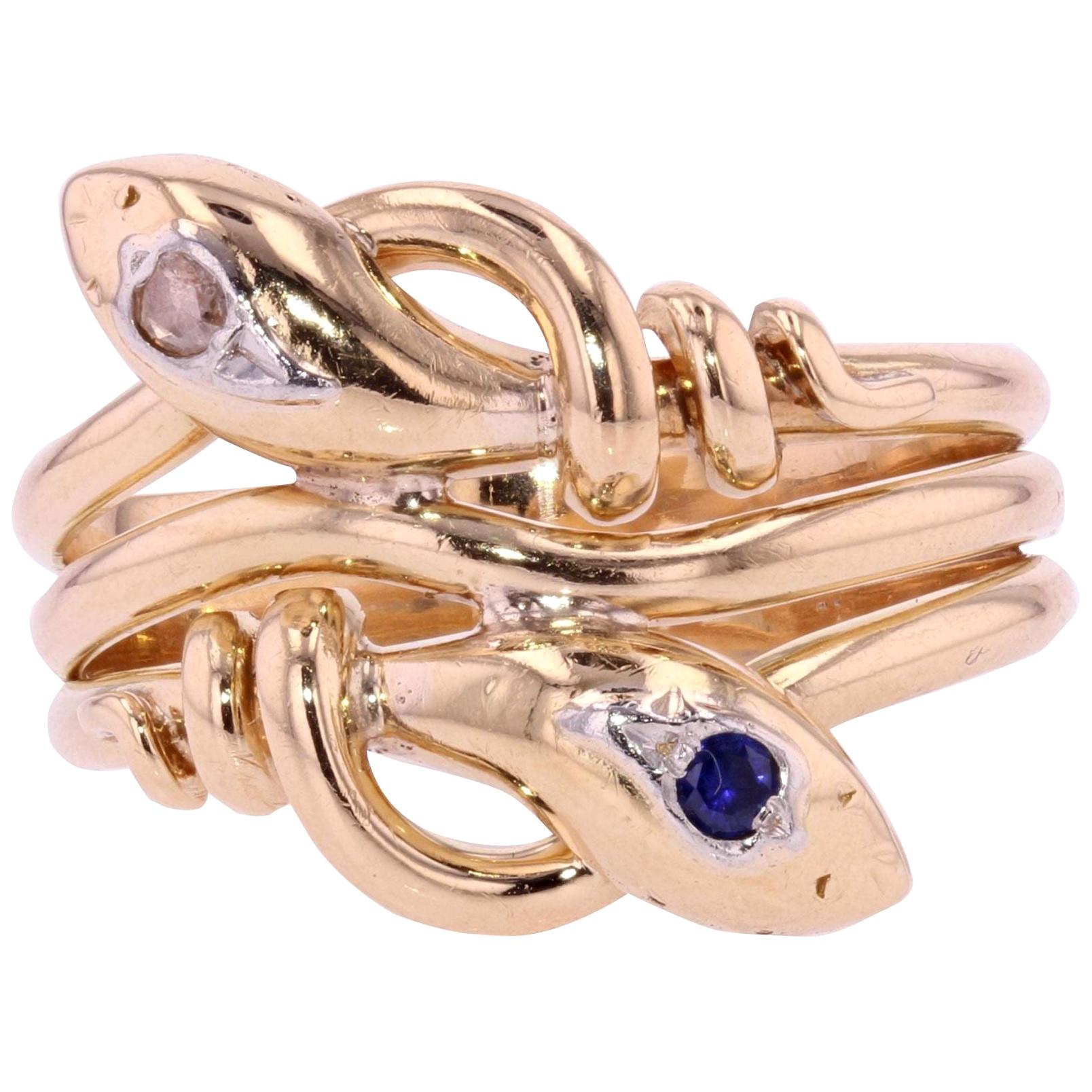 French 19th Century Sapphire Diamond 18 Karat Yellow Gold Snake Men's Ring