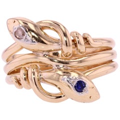 Antique French 19th Century Sapphire Diamond 18 Karat Yellow Gold Snake Men's Ring