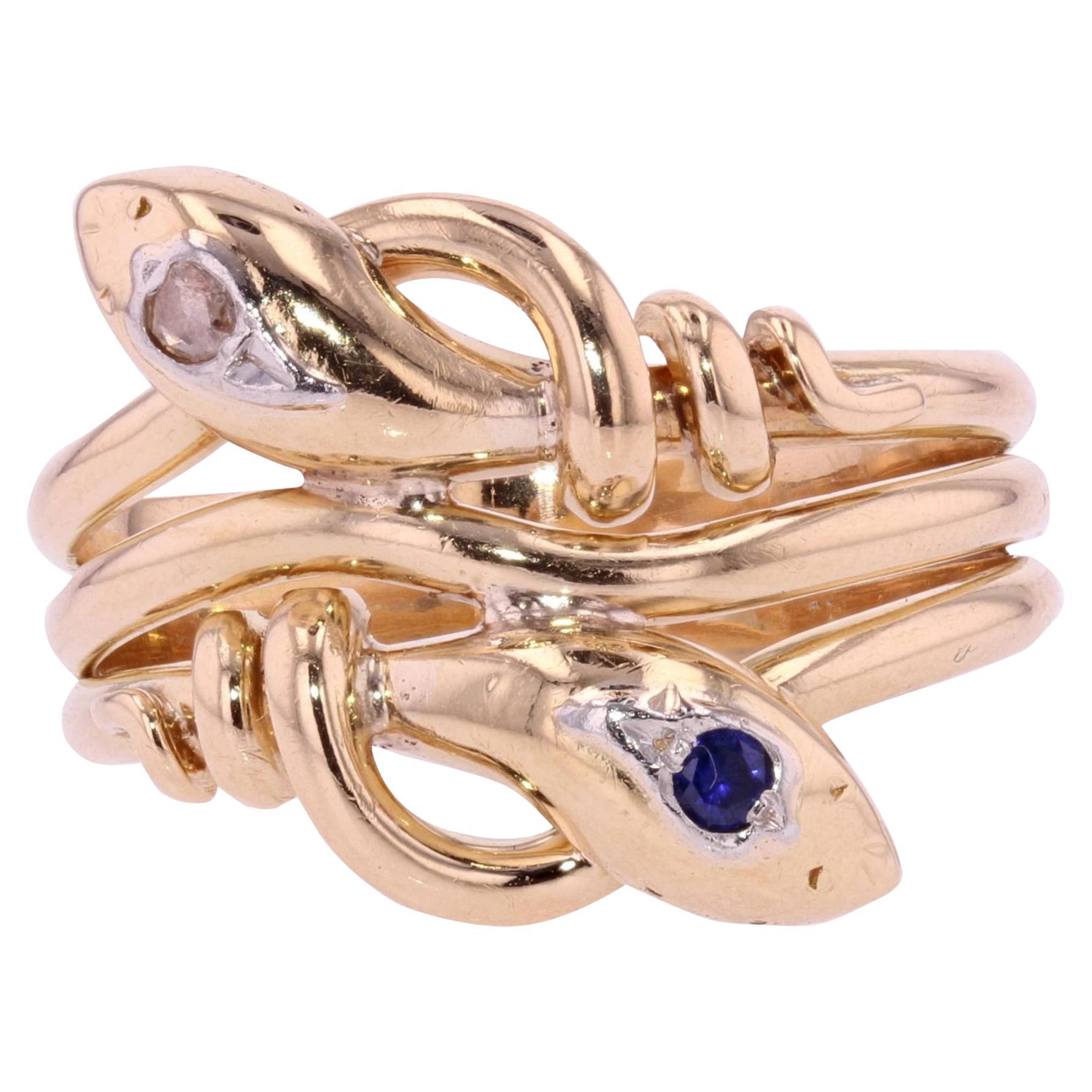 French 19th Century Sapphire Diamond 18 Karat Yellow Gold Snake Men
s Ring