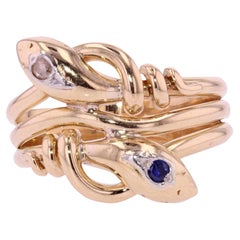 French 19th Century Sapphire Diamond 18 Karat Yellow Gold Snake Men
s Ring