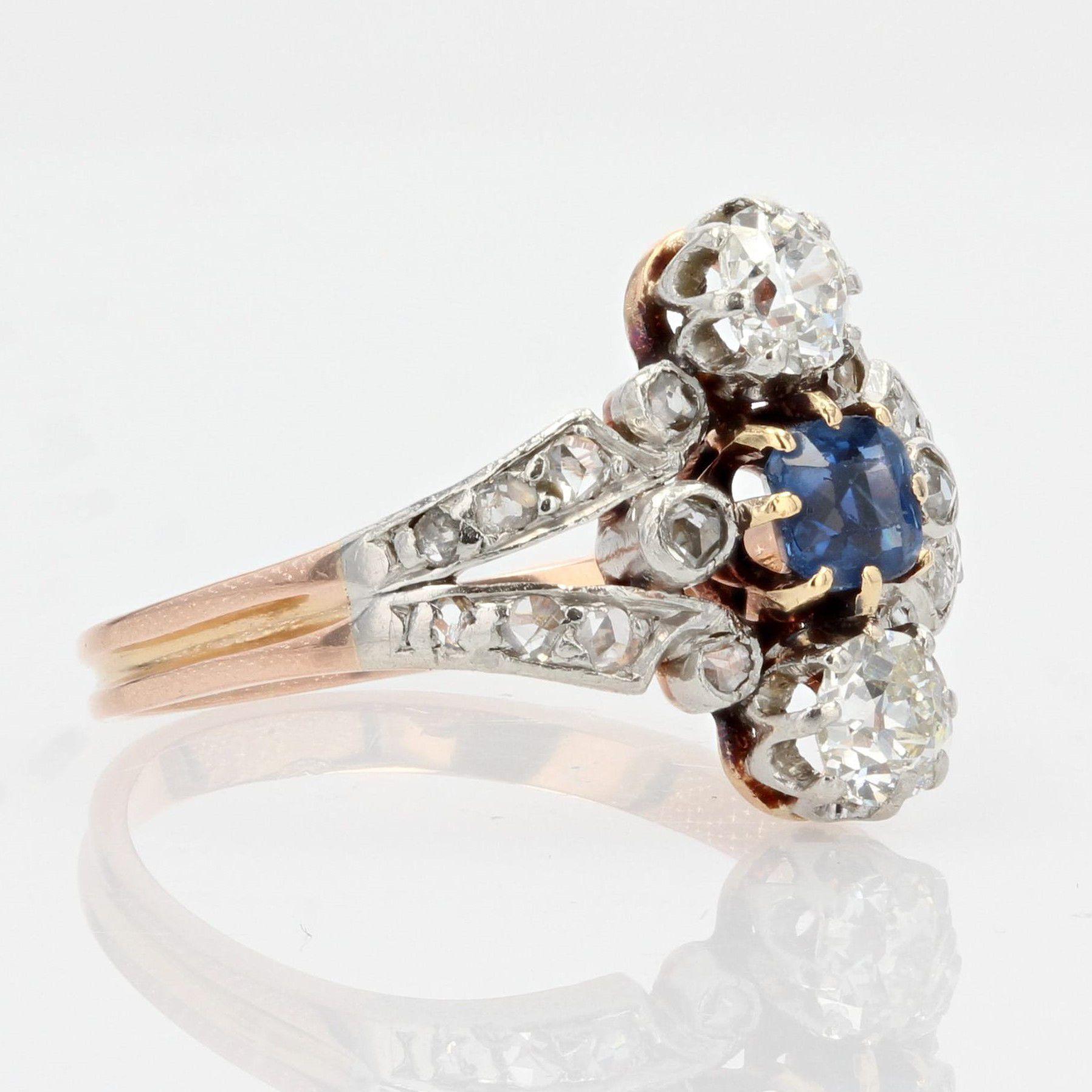 French 19th Century Sapphire Diamonds 18 Karat Rose Gold Ring For Sale 2