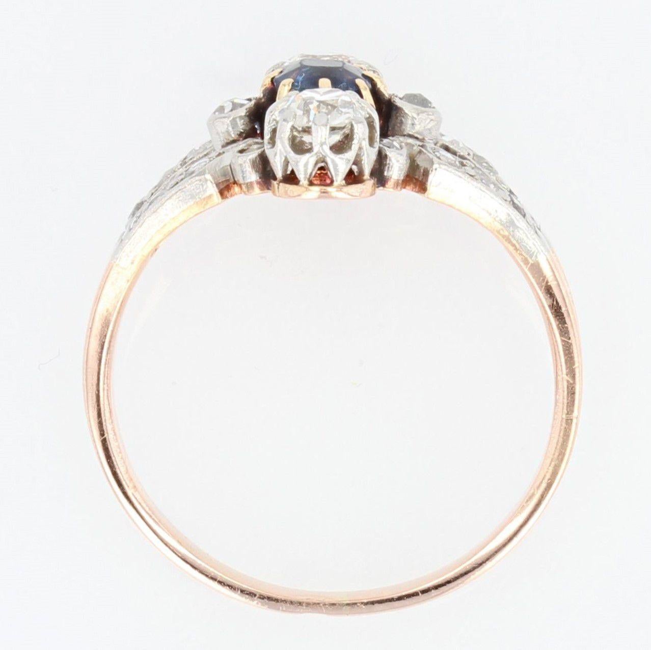 French 19th Century Sapphire Diamonds 18 Karat Rose Gold Ring For Sale 6
