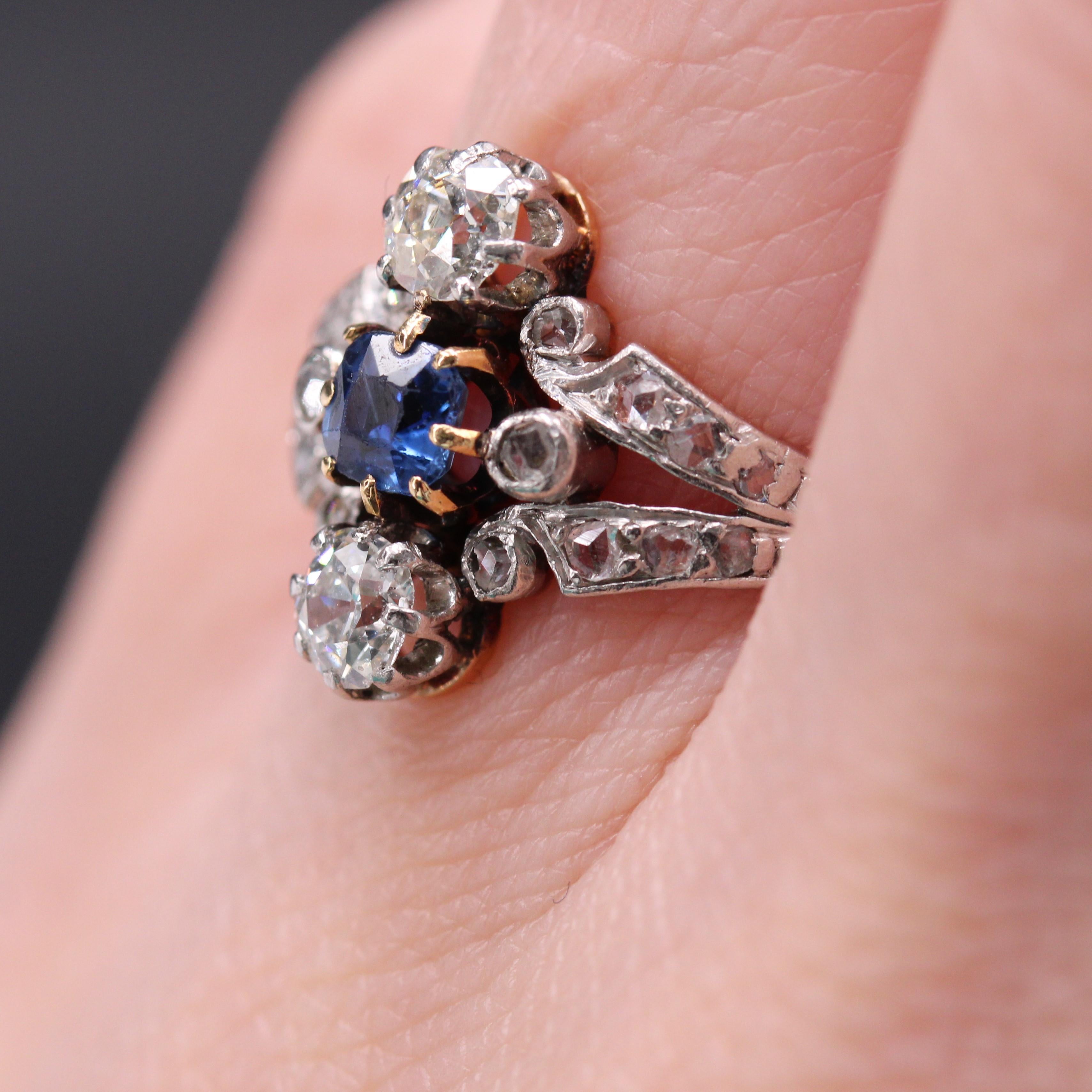 French 19th Century Sapphire Diamonds 18 Karat Rose Gold Ring For Sale 5