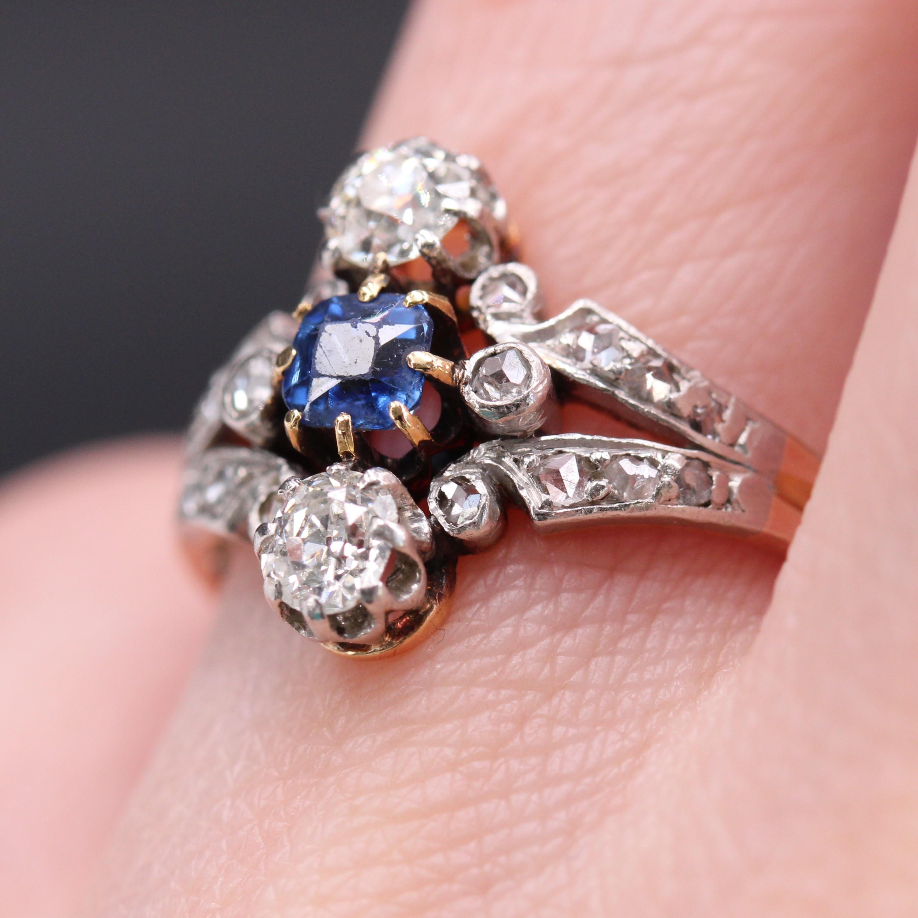 French 19th Century Sapphire Diamonds 18 Karat Rose Gold Ring For Sale 8