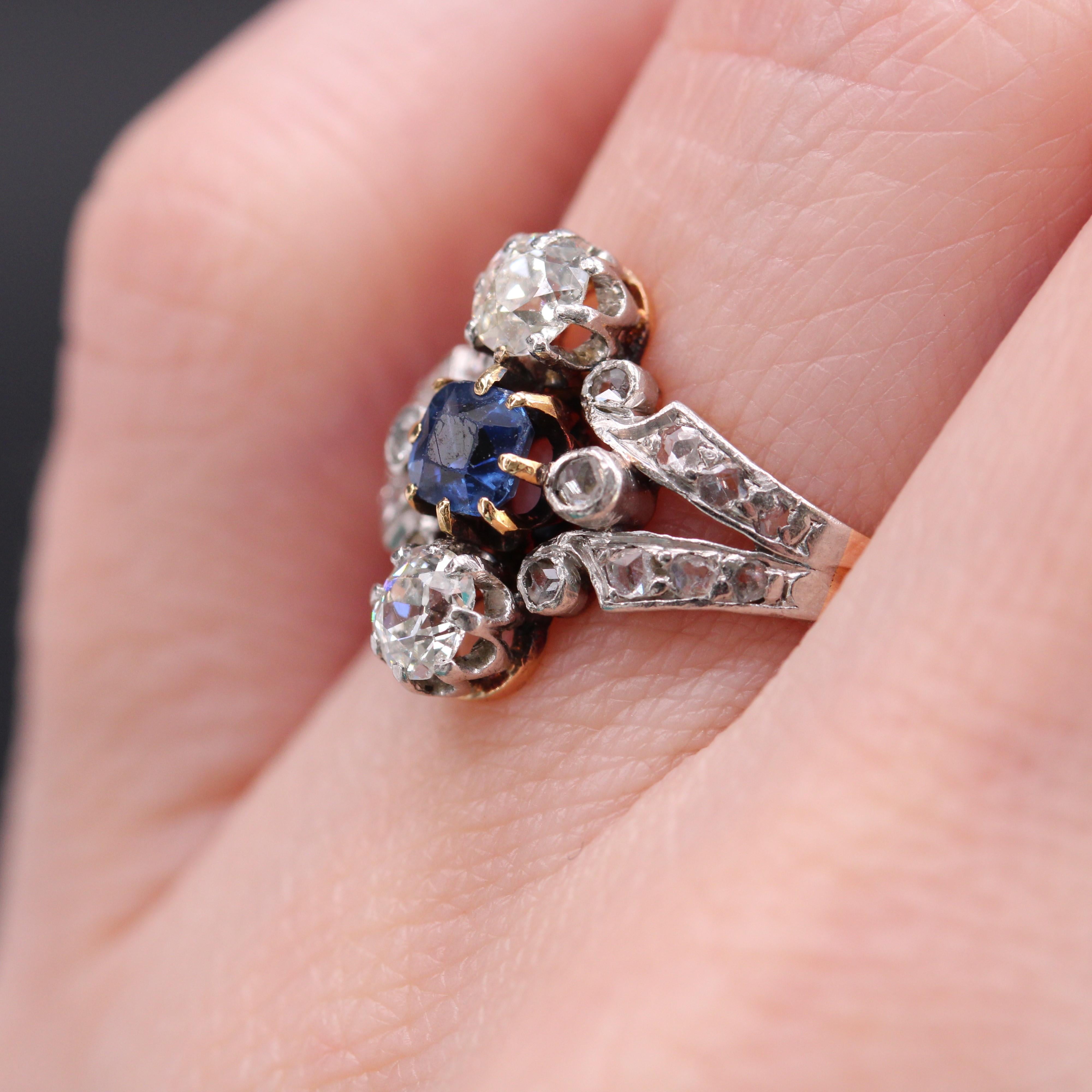 French 19th Century Sapphire Diamonds 18 Karat Rose Gold Ring For Sale 9