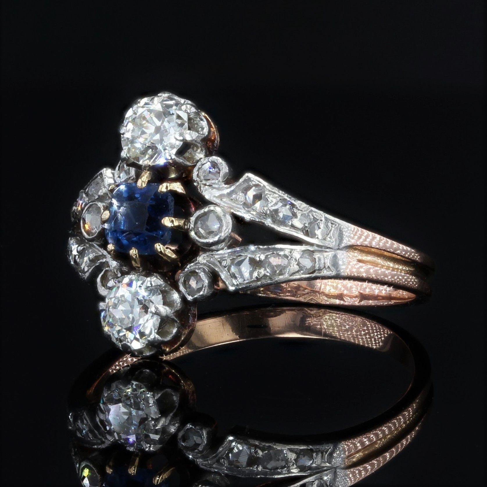 Cushion Cut French 19th Century Sapphire Diamonds 18 Karat Rose Gold Ring For Sale